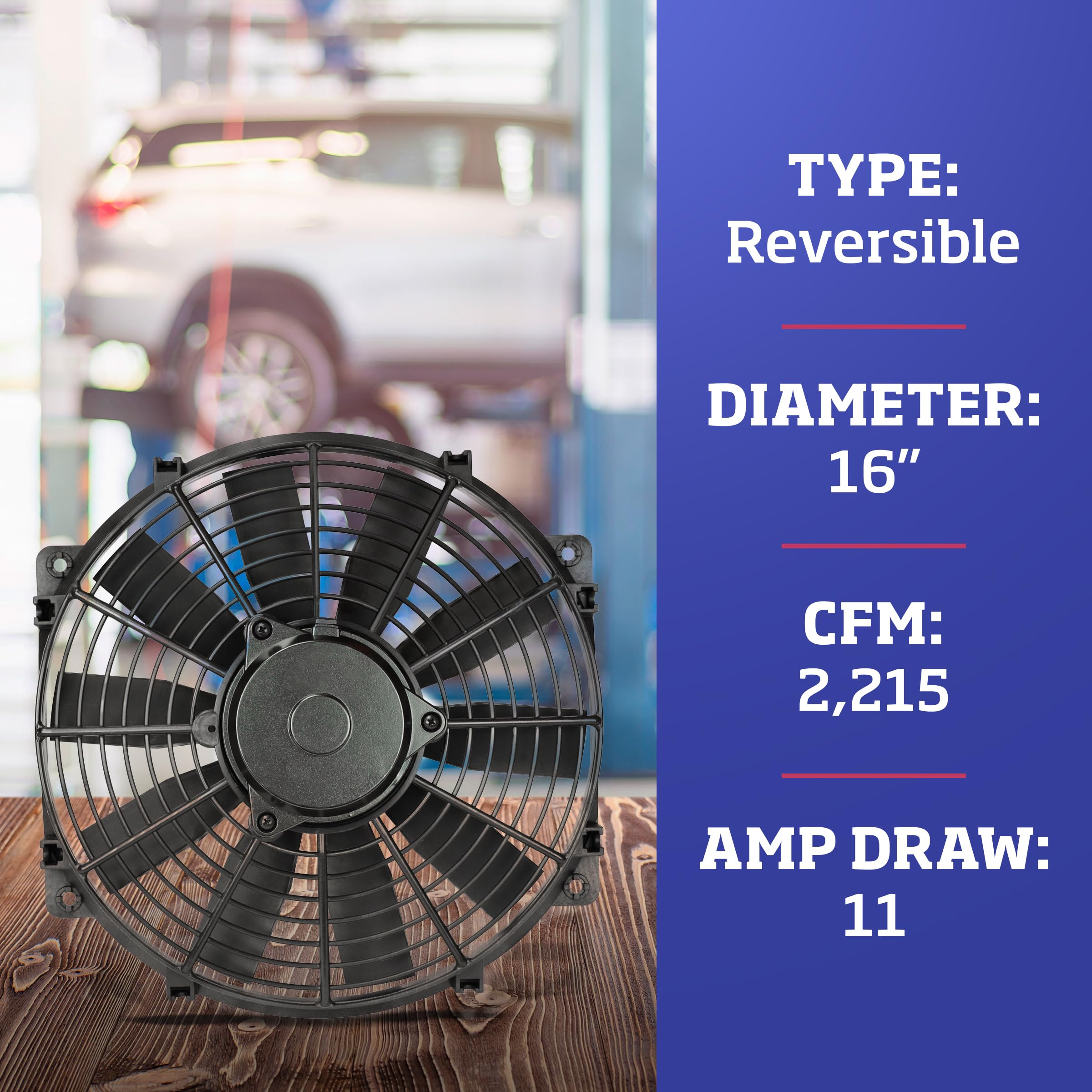 16 Inch Black Trimline Reversible Electric Fan - Dual Function Pusher-Puller Fan for Cars, Trucks & RVs - Ideal for Vehicle Cooling and Air Circulation