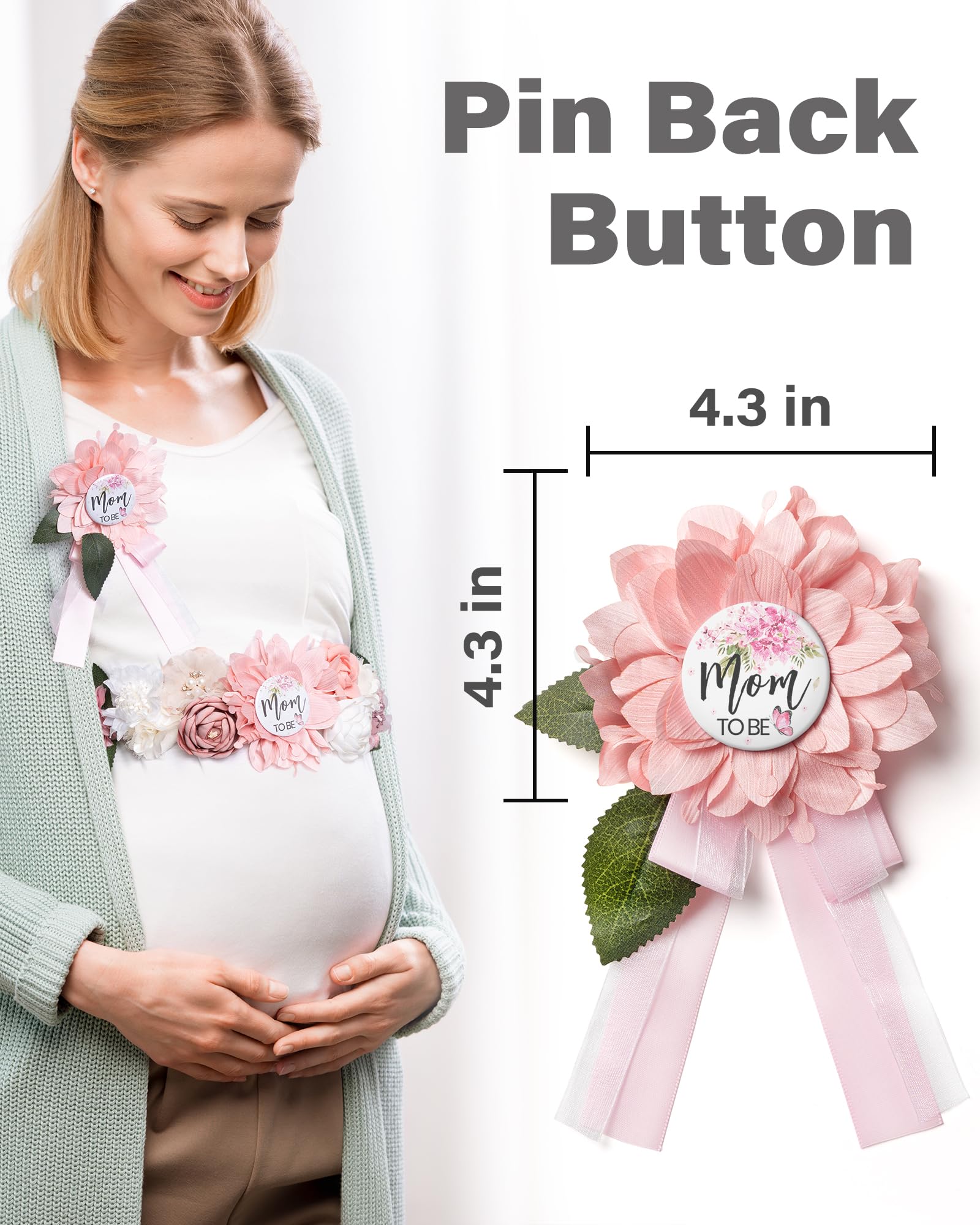 BumpPetal Flower Sash Set for Baby Showers - Mom to Be & Dad to Be Corsage Pins, Pink Floral Belt for Maternity Dresses - Perfect for Pregnancy Photos, Gender Reveal Parties & Maternity Events