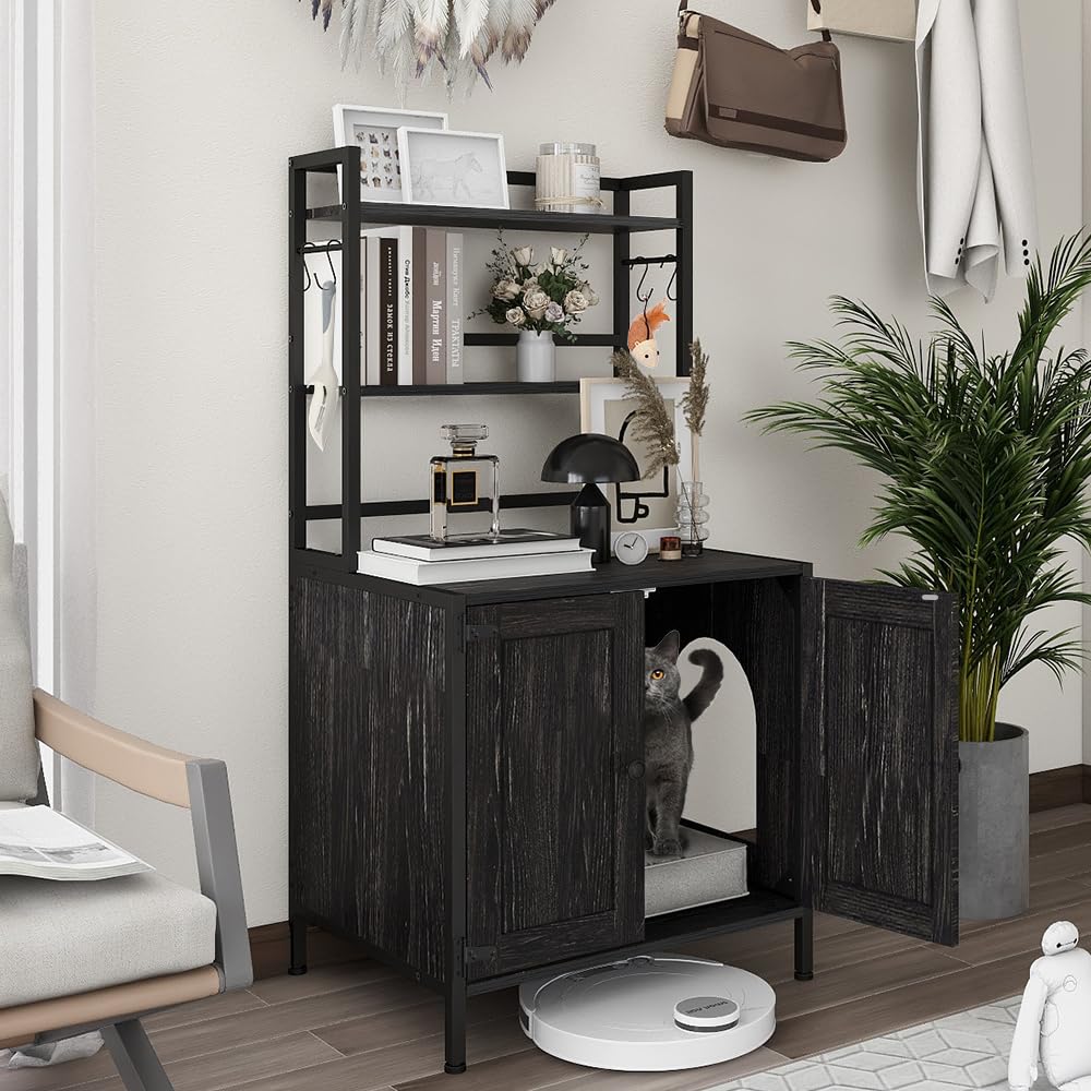 Tohomeor Black Wooden Cat Litter Box Enclosure with Shelves & Doors - Hidden Litter Box Furniture for Indoor Cats | Pet Washroom Storage Cabinet & Industrial Style Cat House for Living Room or Bedroom