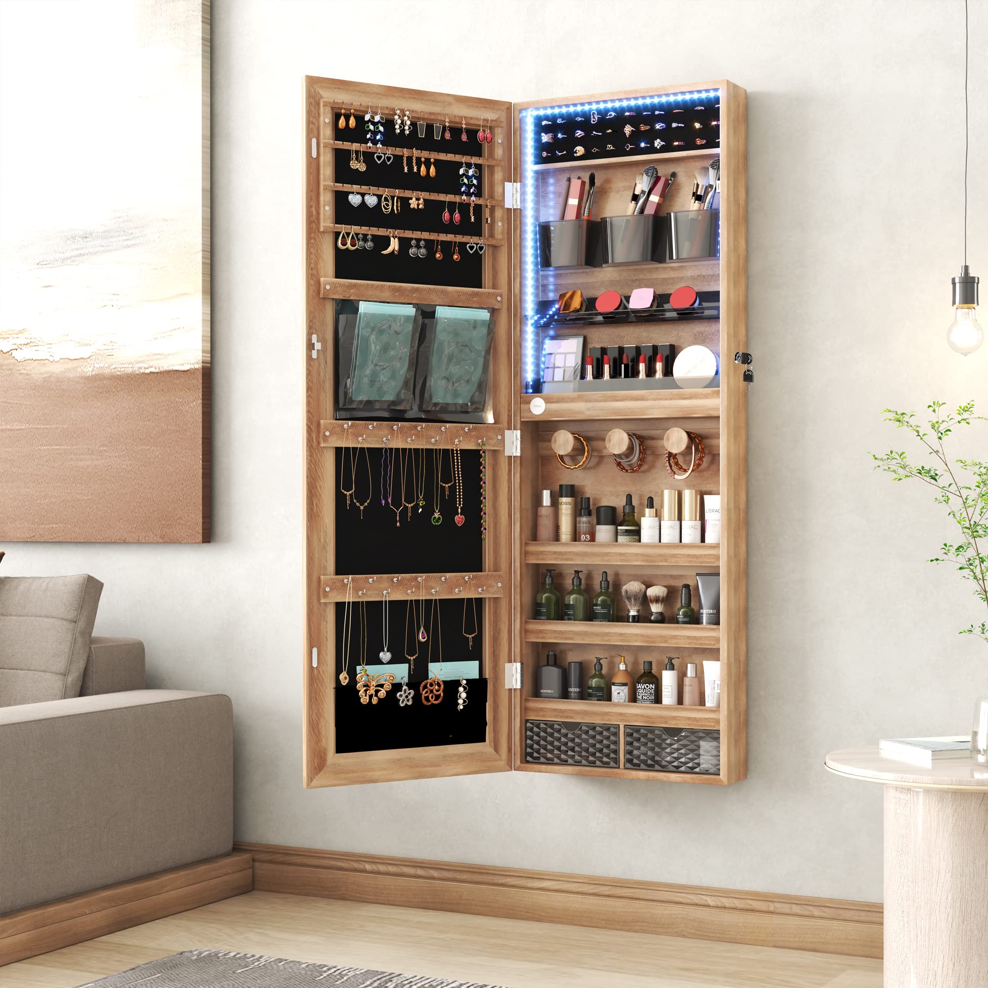 LVSOMT Lockable Jewelry Armoire Organizer with LED Lights - Wall Mounted Mirror Jewelry Cabinet with Storage, Brown - Perfect for Bedroom, Closet & Dressing Room Organization