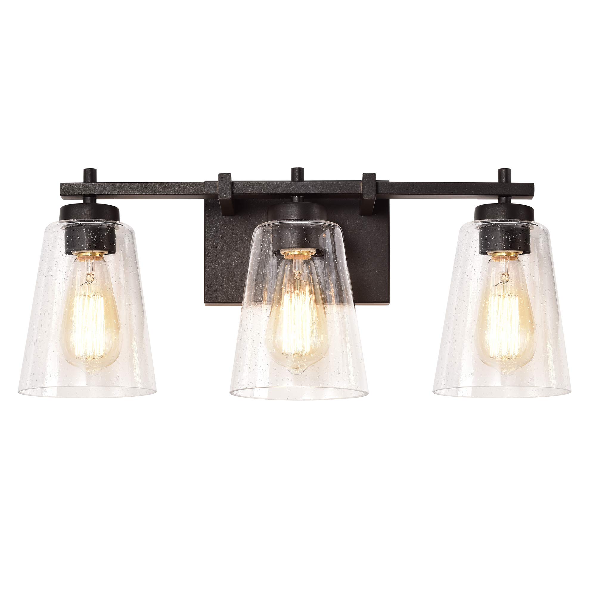 Industrial 3-Light Bathroom Vanity Light Fixture with Clear Seeded Glass Shade - Oil Rubbed Bronze Finish for Modern Farmhouse & Rustic Bathroom Decor