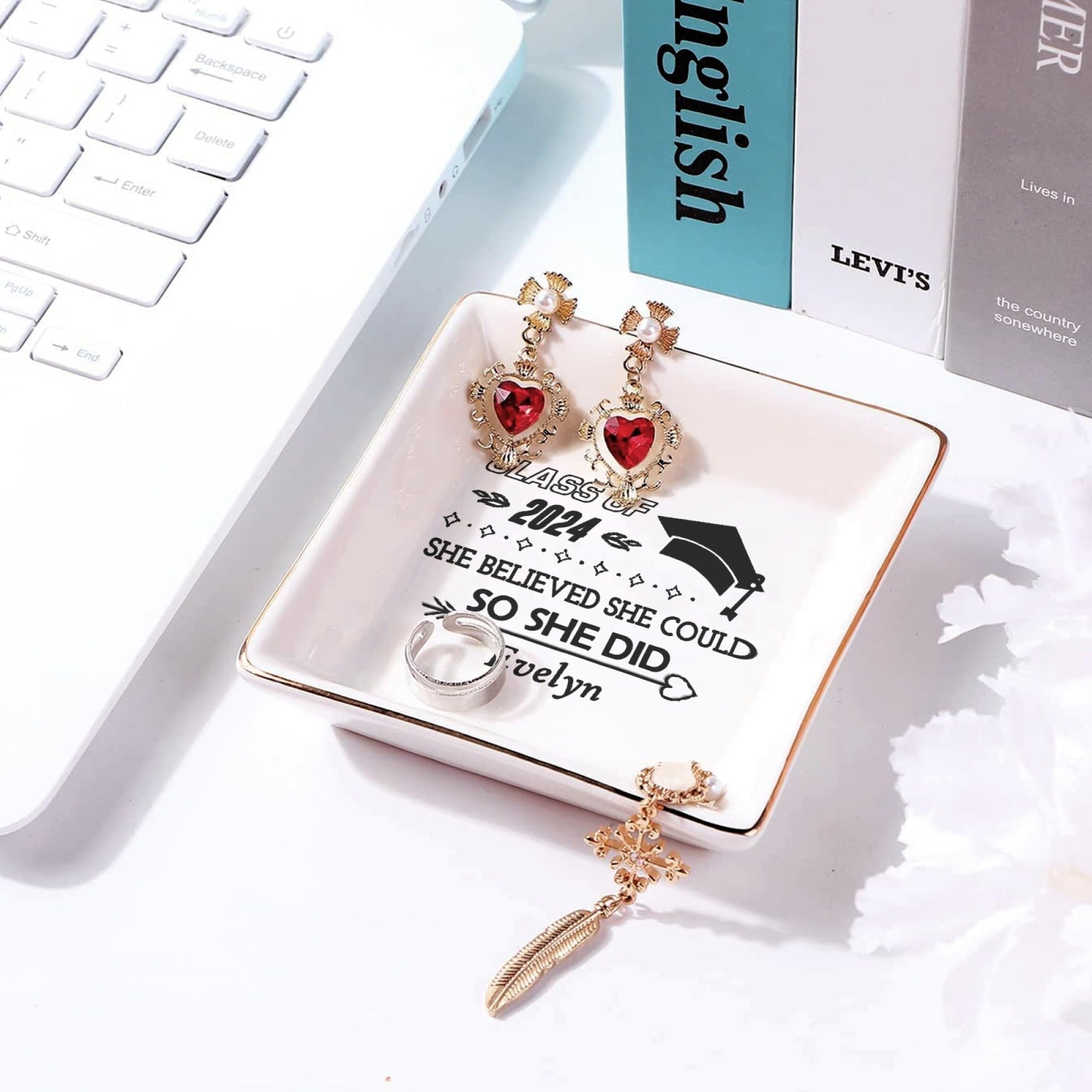 Personalized Graduation Gift for Women - Custom Engraved Ceramic Ring Dish with Inspirational Quote - Class of 2024 High School & College Graduation Present - Jewelry Tray for Dorm Room, Vanity or Wedding Gift
