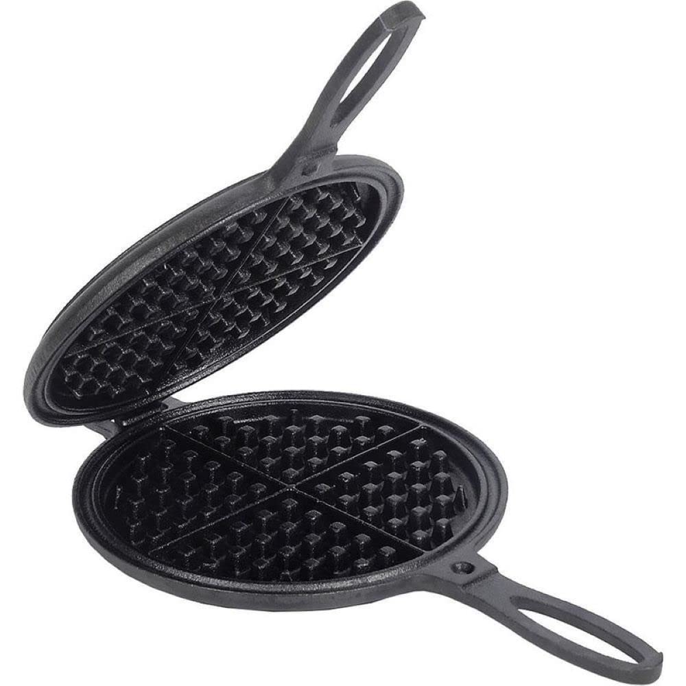 Lehmans Cast Iron Waffle Maker - 7 Inch Round Non-Electric Stovetop Waffle Iron with Hinged Design & Non-Drip Rim - Perfect for Camping, Outdoor Cooking & Homemade Belgian Waffles - 8 lbs Heavy Duty Griddle