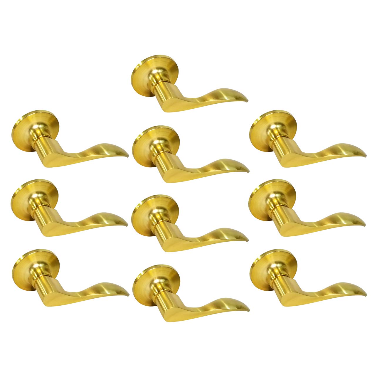 10 Pack Dummy Closet Door Lock Lever Handles - New Wave Style Satin Brass Finish Right Handed - Perfect for Bedroom, Bathroom & Closet Security (RH Installation)