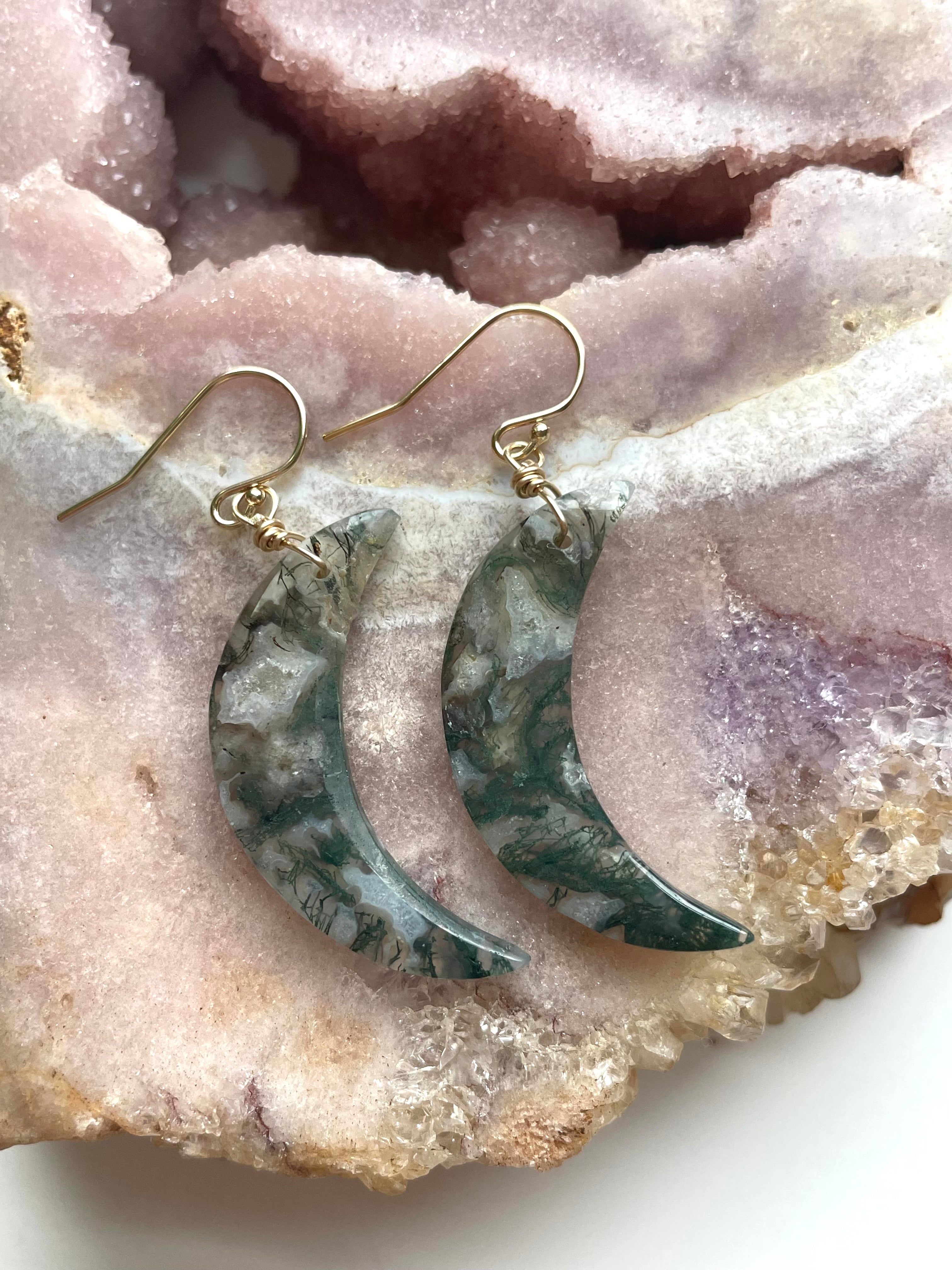 Natural Moss Agate Moon Dangle Earrings - Gold Filled Statement Jewelry for Women - Perfect for Boho, Hippie & Festival Outfits