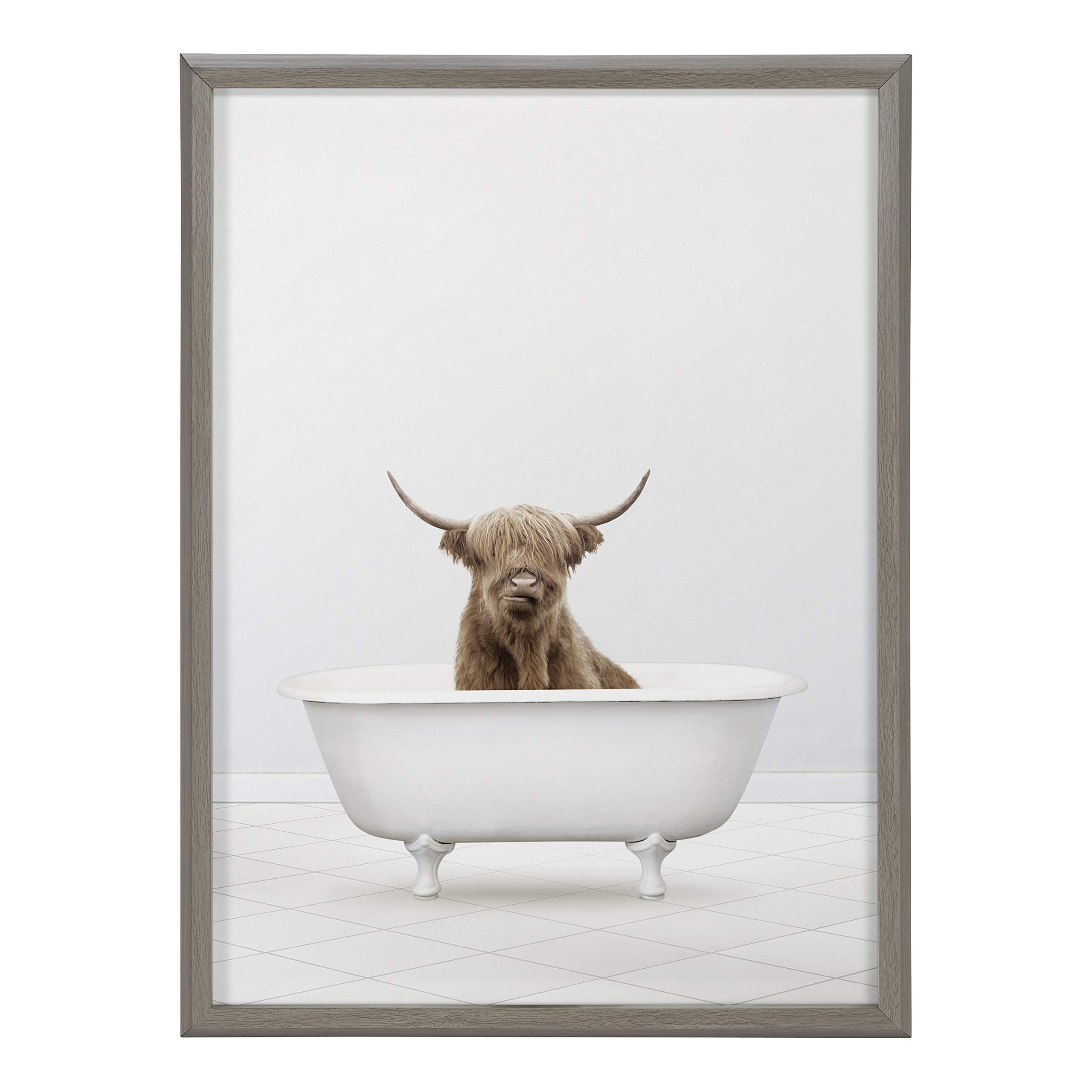 Amy Peterson Highland Cow Solo Bathtub Framed Wall Art - 18x24 Inch Gray Animal Print Glass Decor for Bathroom, Nursery & Farmhouse Style Homes