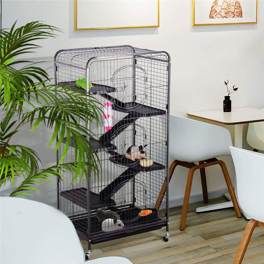 Topeakmart 52-Inch Large 6-Tier Metal Ferret Cage Playpen - Small Animal Hutch with 3 Doors, Food Bowl, Water Bottle & Tray - Rolling Pet Home for Chinchillas, Squirrels & Small Pets (Black, Easy Assembly) - Perfect for Indoor/Outdoor Play, Pet Safety & Comfortable Living Space