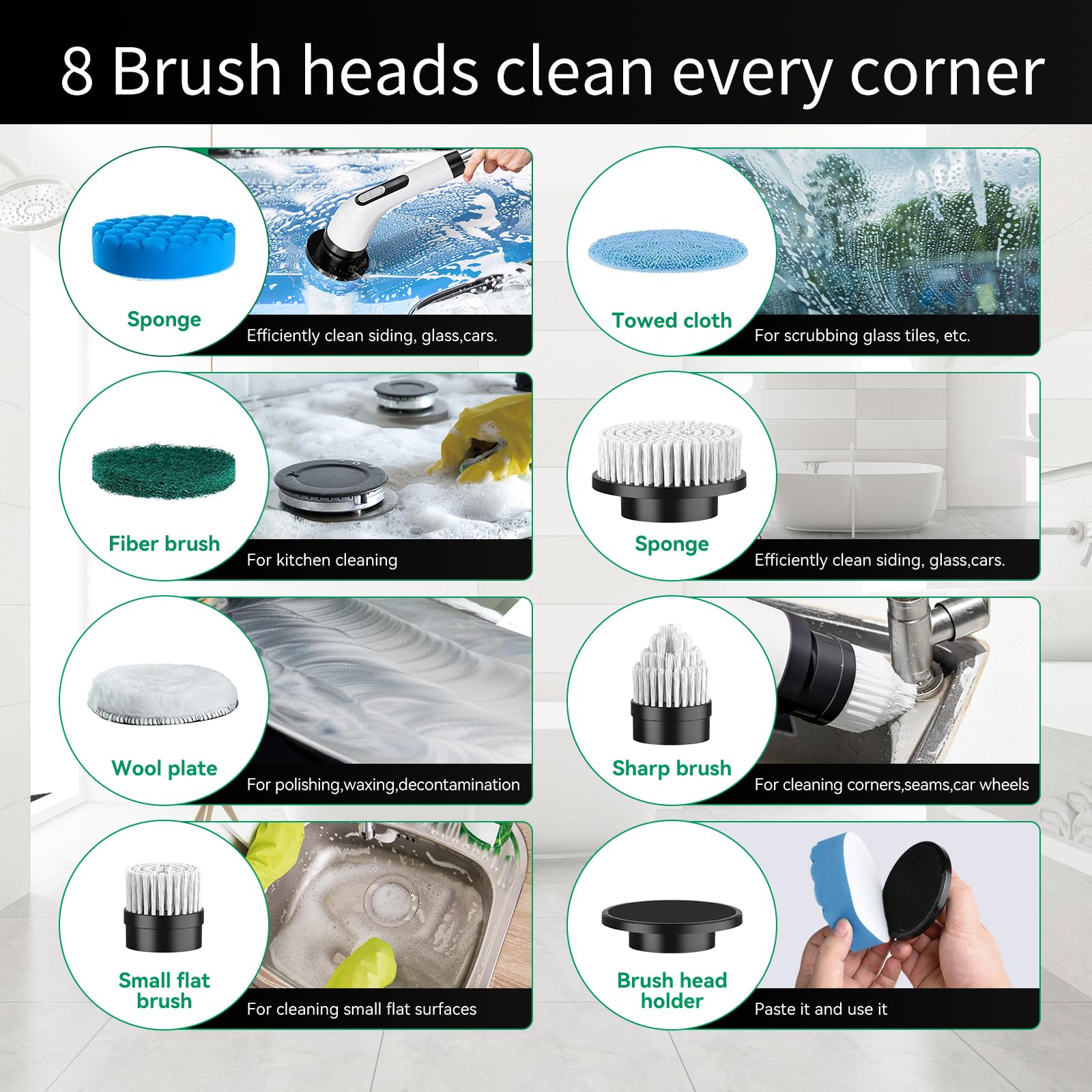 Electric Spin Scrubber with 8 Brush Heads - IPX7 Waterproof Shower Cleaner, Cordless Bathroom & Kitchen Cleaning Brush with LCD Display & Adjustable Handle - Perfect for Tile Grout, Bathtubs, Sinks and Stove Tops