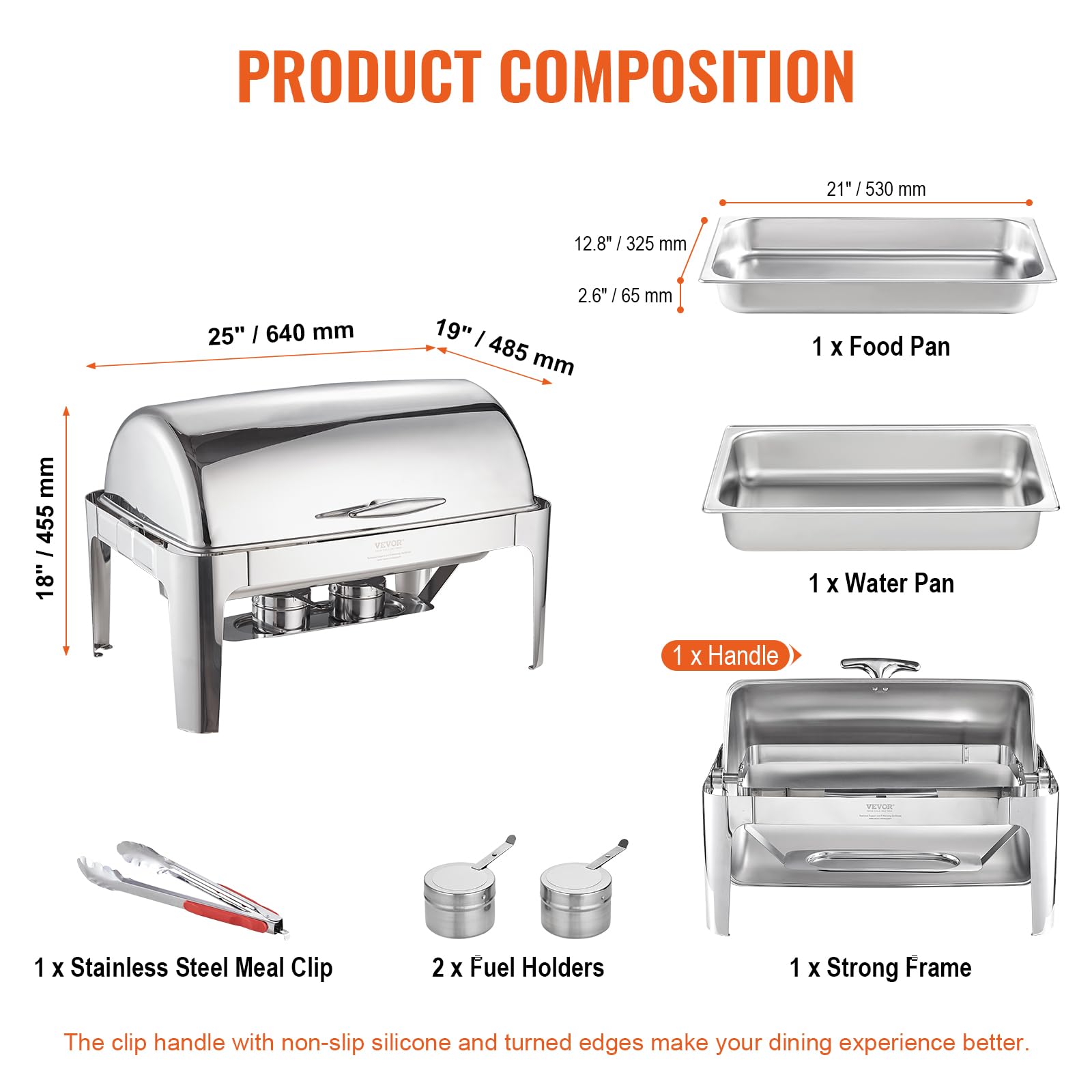 VEVOR 9 Qt Stainless Steel Roll Top Chafing Dish Buffet Set with Full Size Pan, Rectangle Catering Warmer with Lid, Water Pan Stand & Fuel Holder - Perfect for Buffets, Catering Events, Wedding Receptions & Serving 9+ People