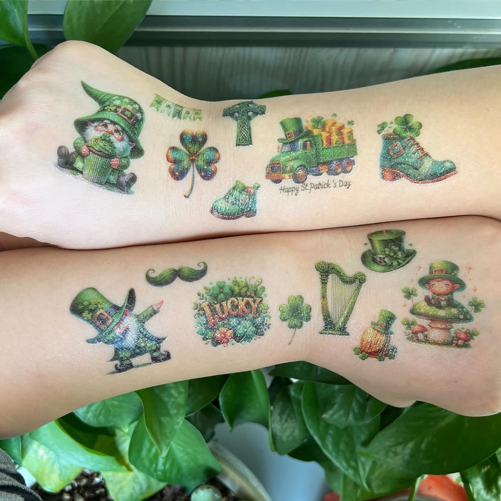 St. Patrick's Day Glitter Tattoo Kit for Kids - 12 Sheets Temporary Tattoos, Shamrock Face & Body Art, Party Favors & Gifts for Boys & Girls | Perfect for St. Patrick's Day Parties, School Events & Festive Celebrations