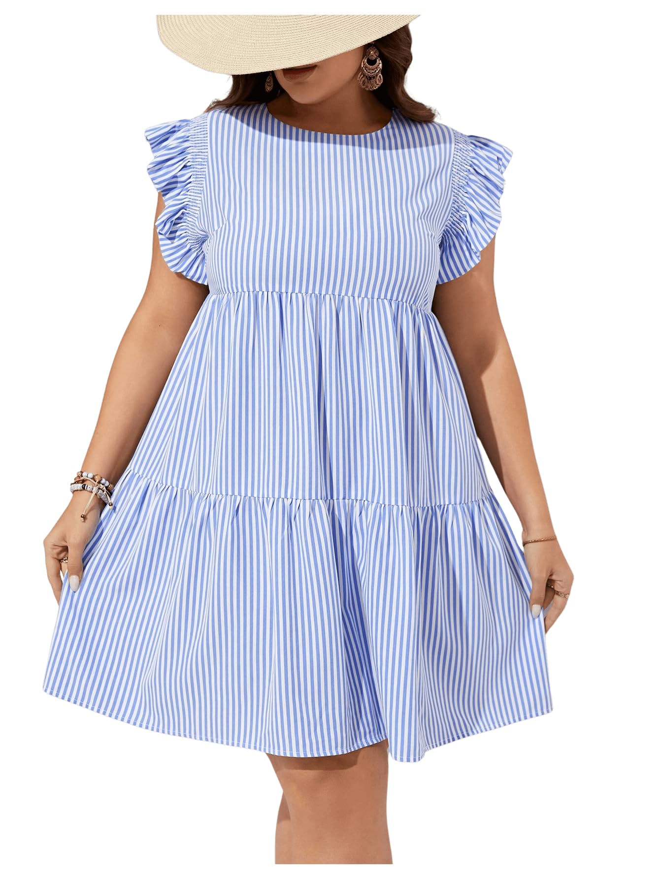 WDIRARA Women's Plus Size Striped Summer Dress with Ruffle Trim & Cap Sleeves - Flattering A-Line Design for Casual Outings, Beach Vacations & Date Nights