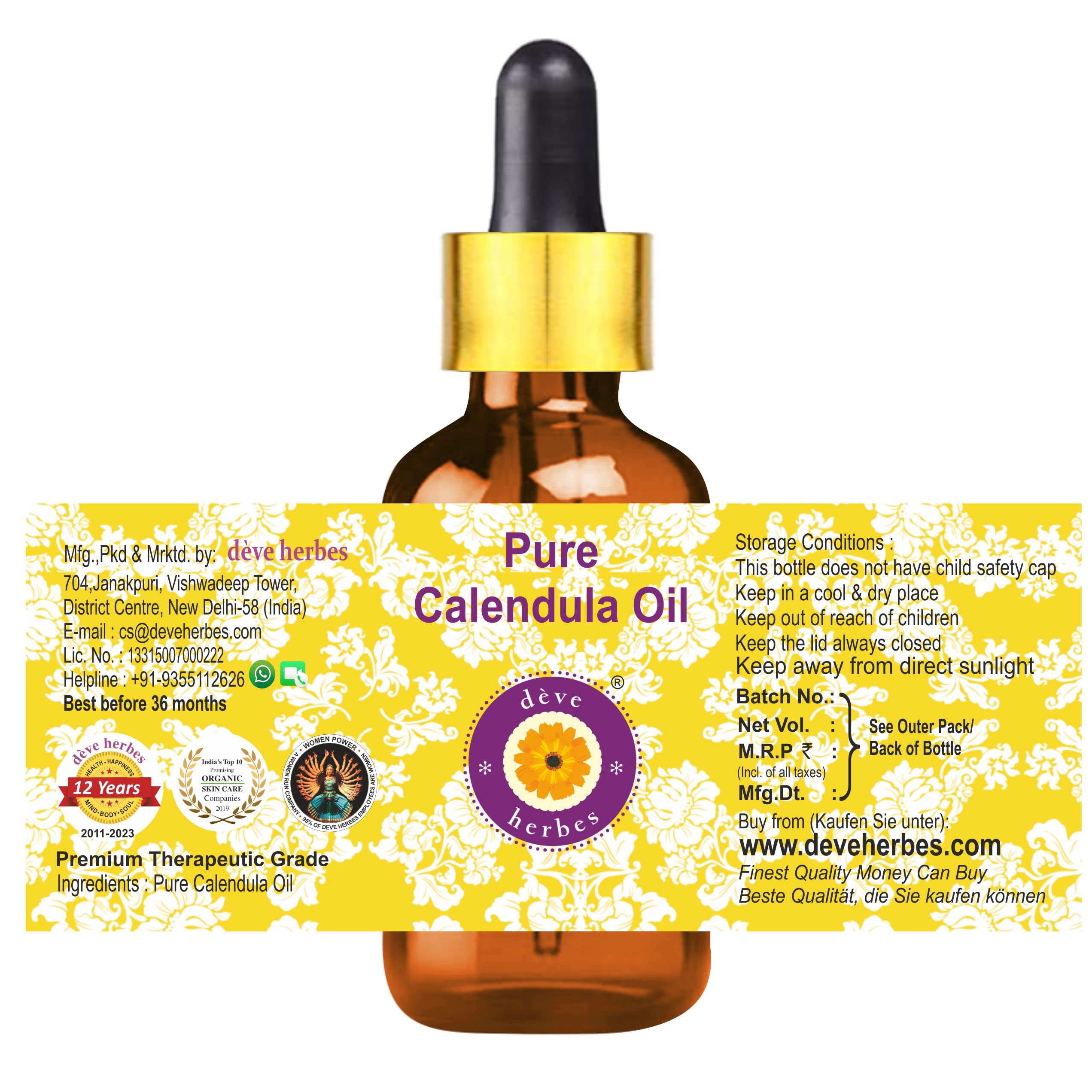 Pure Calendula Oil (Calendula Officinalis) 15ml - Natural Therapeutic Grade with Glass Dropper for Skin Care, Aromatherapy & Massage
