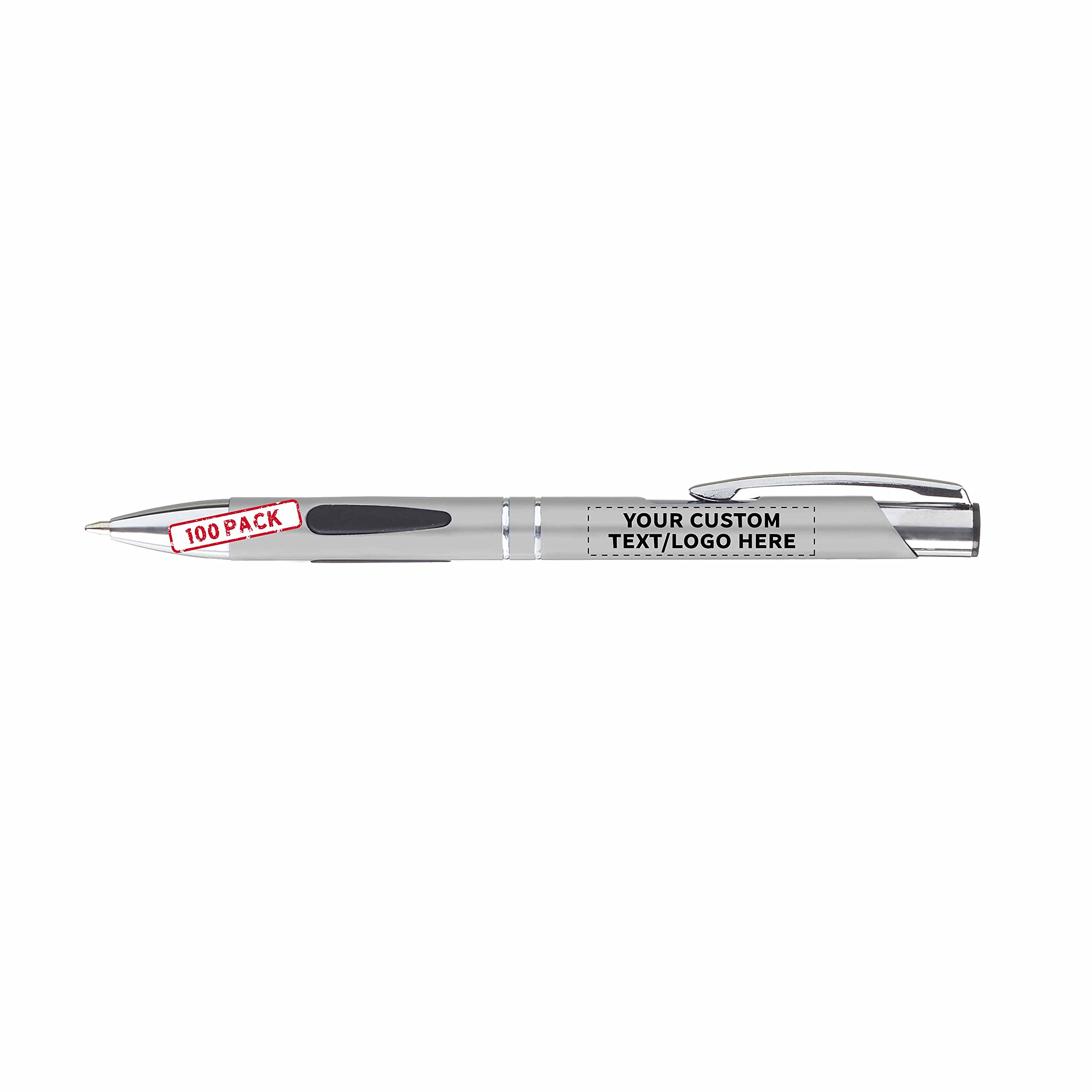100 Pack Laser Comfort Grip Metal Pens - Customizable with Text & Logo - Slim Design with Comfortable Grip - Black Ink - Silver Finish - Perfect for Corporate Gifts, Office Supplies & Promotional Events