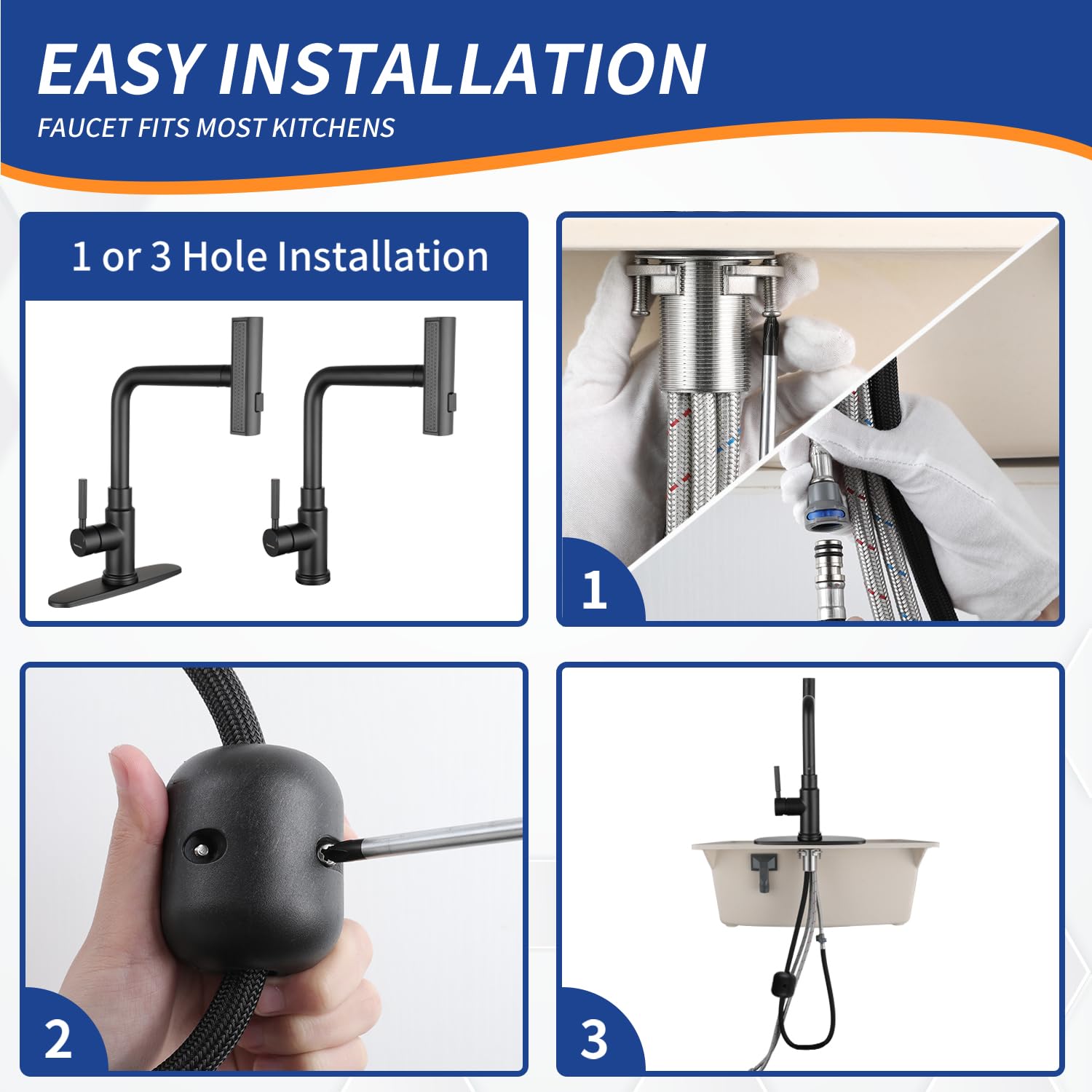 360° Rotatable Black Waterfall Kitchen Faucet with 3-Function Pullout Sprayer - Single Handle Design for 1 or 3 Hole Installation - Perfect for Modern and Farmhouse Kitchen Sinks