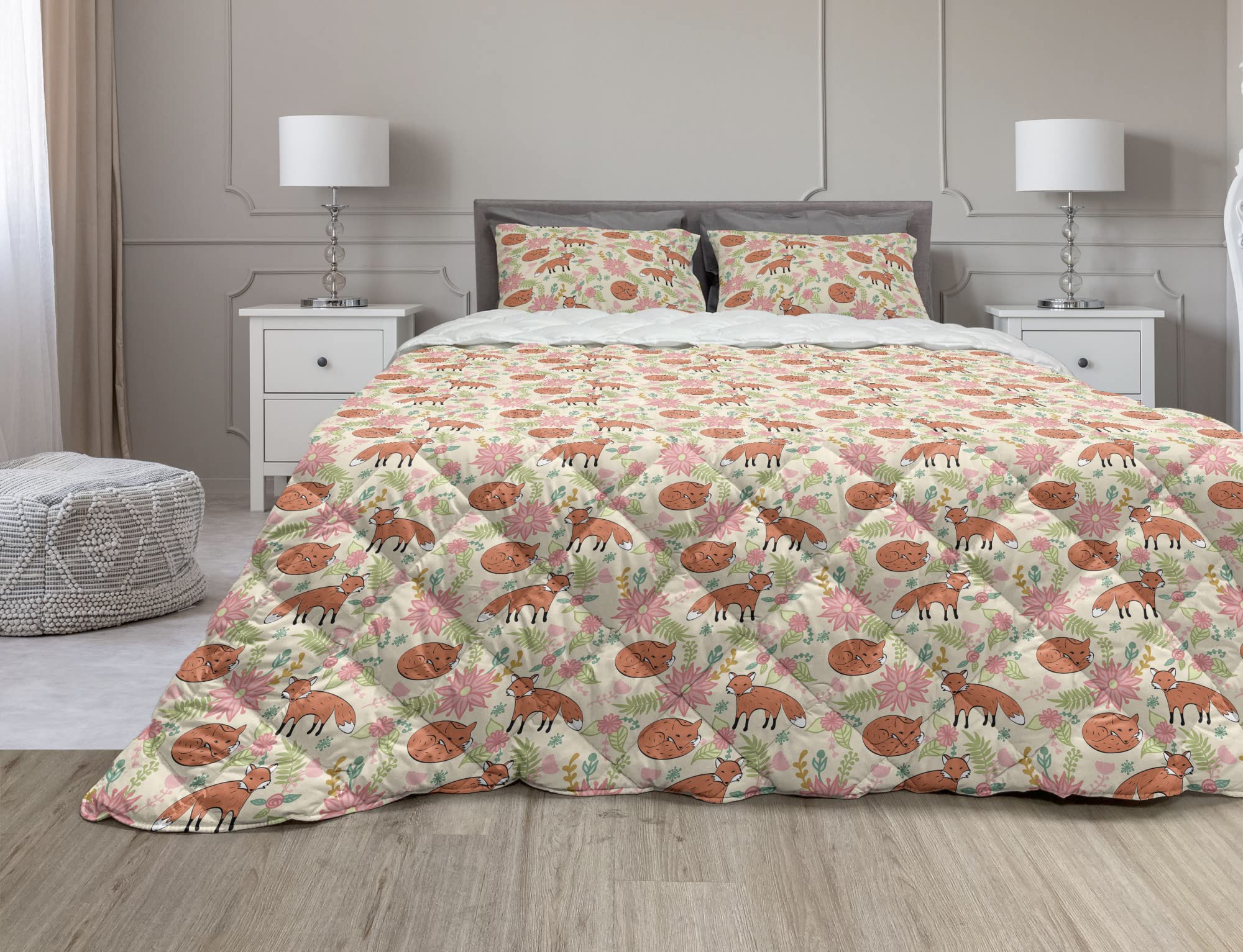 Lunarable Forest Comforter Set with Foxes, Tulips & Ferns Design - 2 Piece Microfiber Duvet Cover & Sham in Burnt Orange, Pink & Beige - Twin Size Bedding for Cozy Cabin Retreats or Nature-Themed Bedrooms