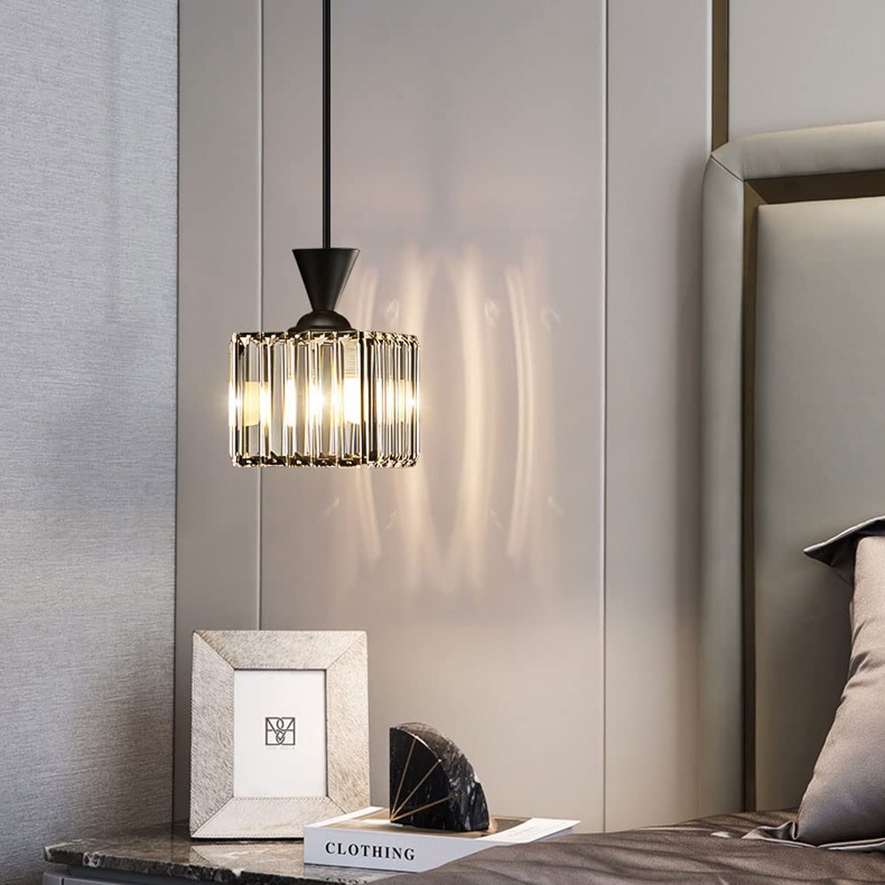 1-Light Square Crystal Pendant Light Fixture - Gold/Black Finish Mini Ceiling Light for Kitchen, Bedroom, Dining Room & Bar - Modern Hanging Lighting for Home Decor & Commercial Spaces