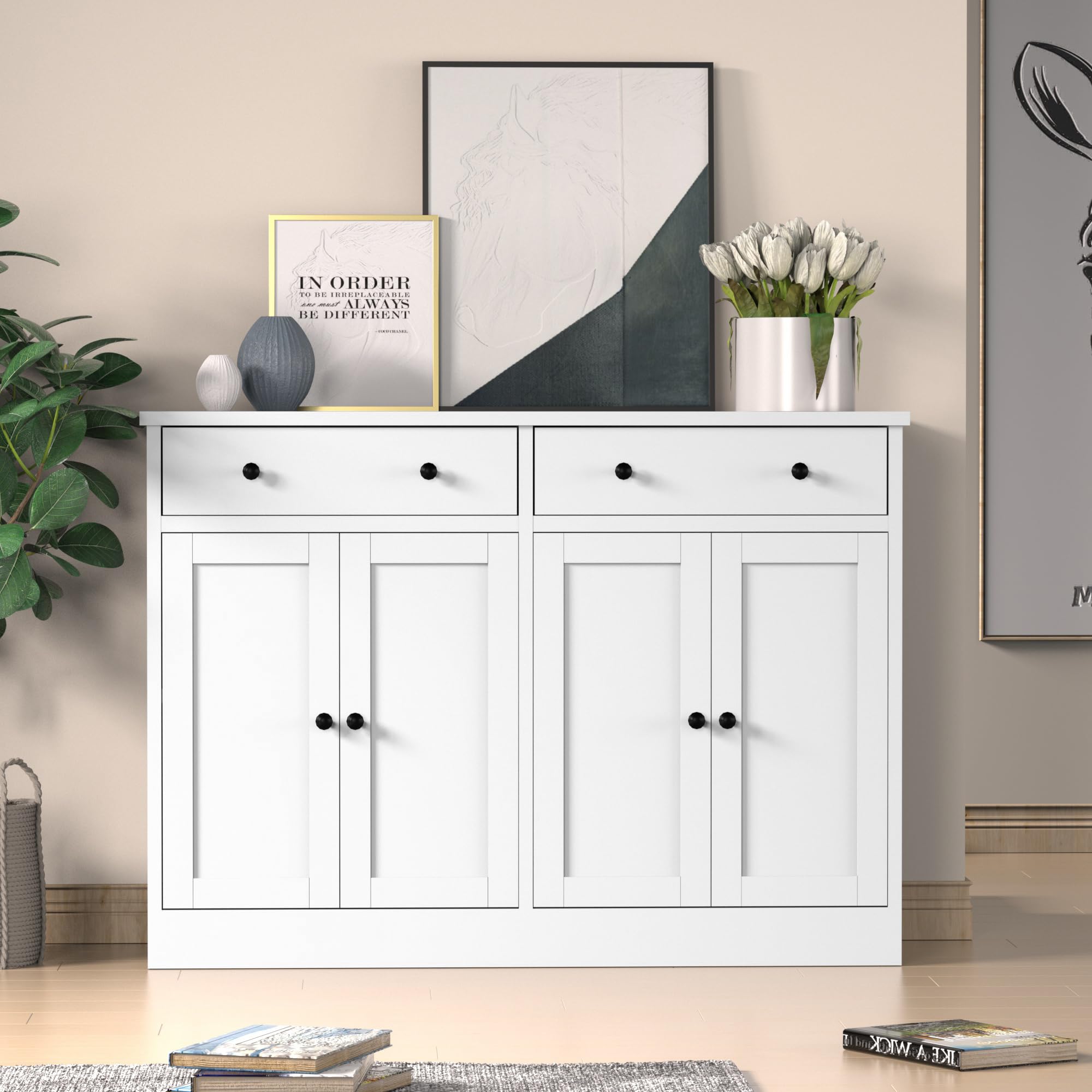 White Buffet Storage Cabinet with Doors and Drawers - 49