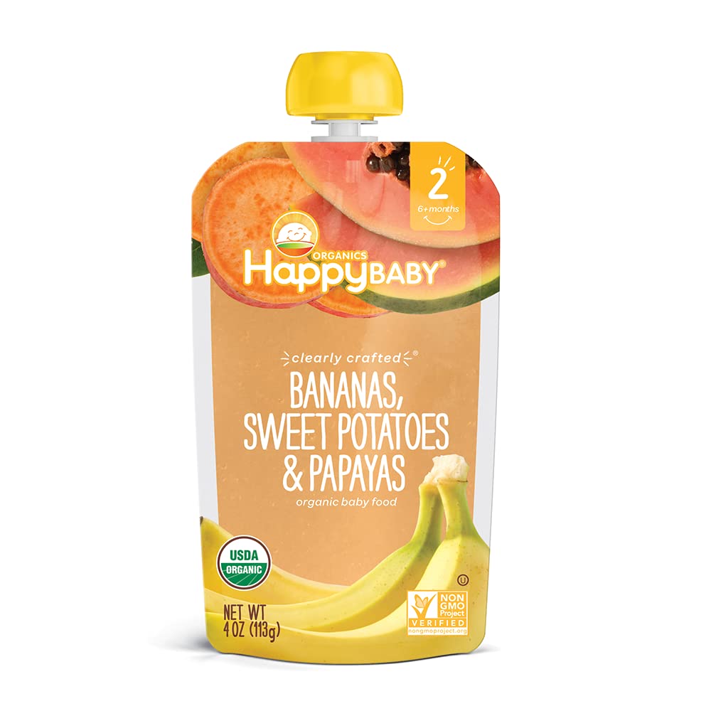 Happy Baby Organic Baby Food - Bananas, Sweet Potatoes & Papayas, 4 Oz Pouch | USDA Certified, Non-GMO, No Added Sugar | Perfect for On-the-Go Feeding, Travel & Snack Time