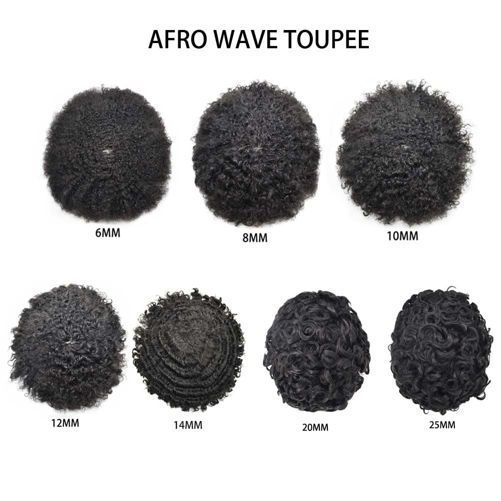 Brazilian Virgin Human Hair Afro Toupee for Black Men - Curly 8x10 Full PU Hair System - 1# Jet Black 6mm Afro Wave - Perfect for Daily Wear, Cosplay & Special Events