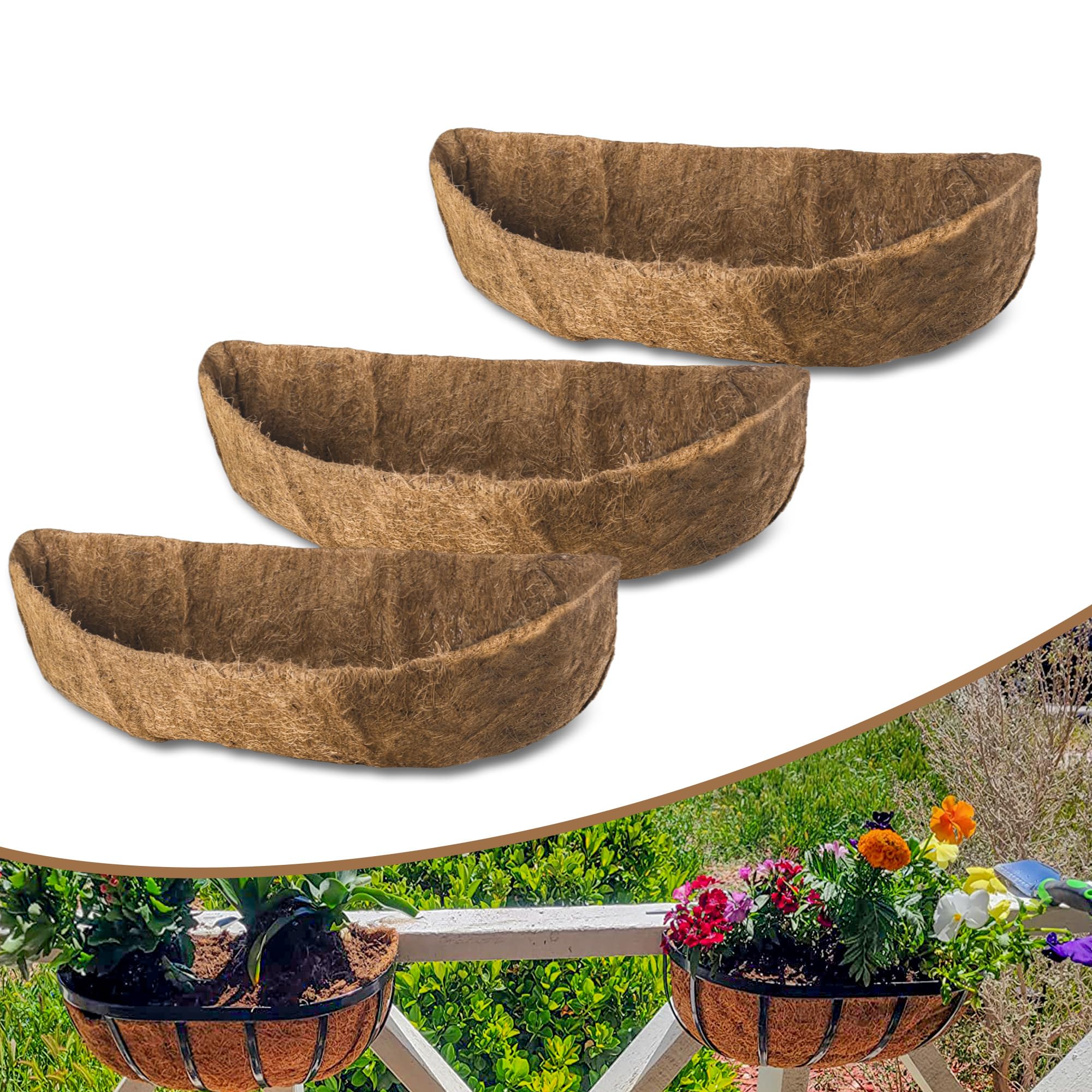 Premium 30 Inch Coco Liners for Planters - 3 Pack Natural Coconut Fiber Plant Basket Liners for Window Boxes, Wall Planters, Outdoor Hanging Baskets - Perfect for Indoor/Outdoor Gardening and Home Decor