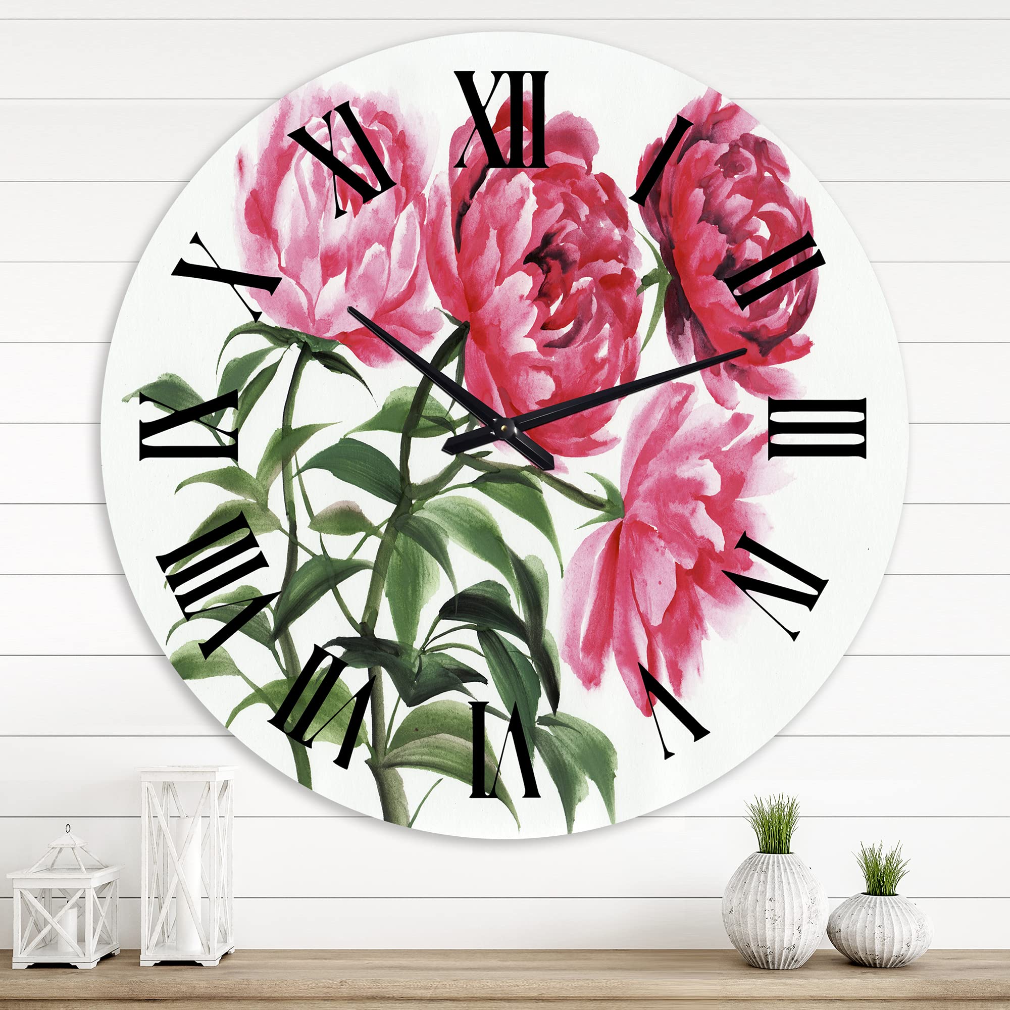 DesignQ Traditional Wall Clock - Vintage Pink Peonies Floral Large Wall Clock for Bedroom, Living Room & Office Decor | Perfect for Home, Office & Gift Giving