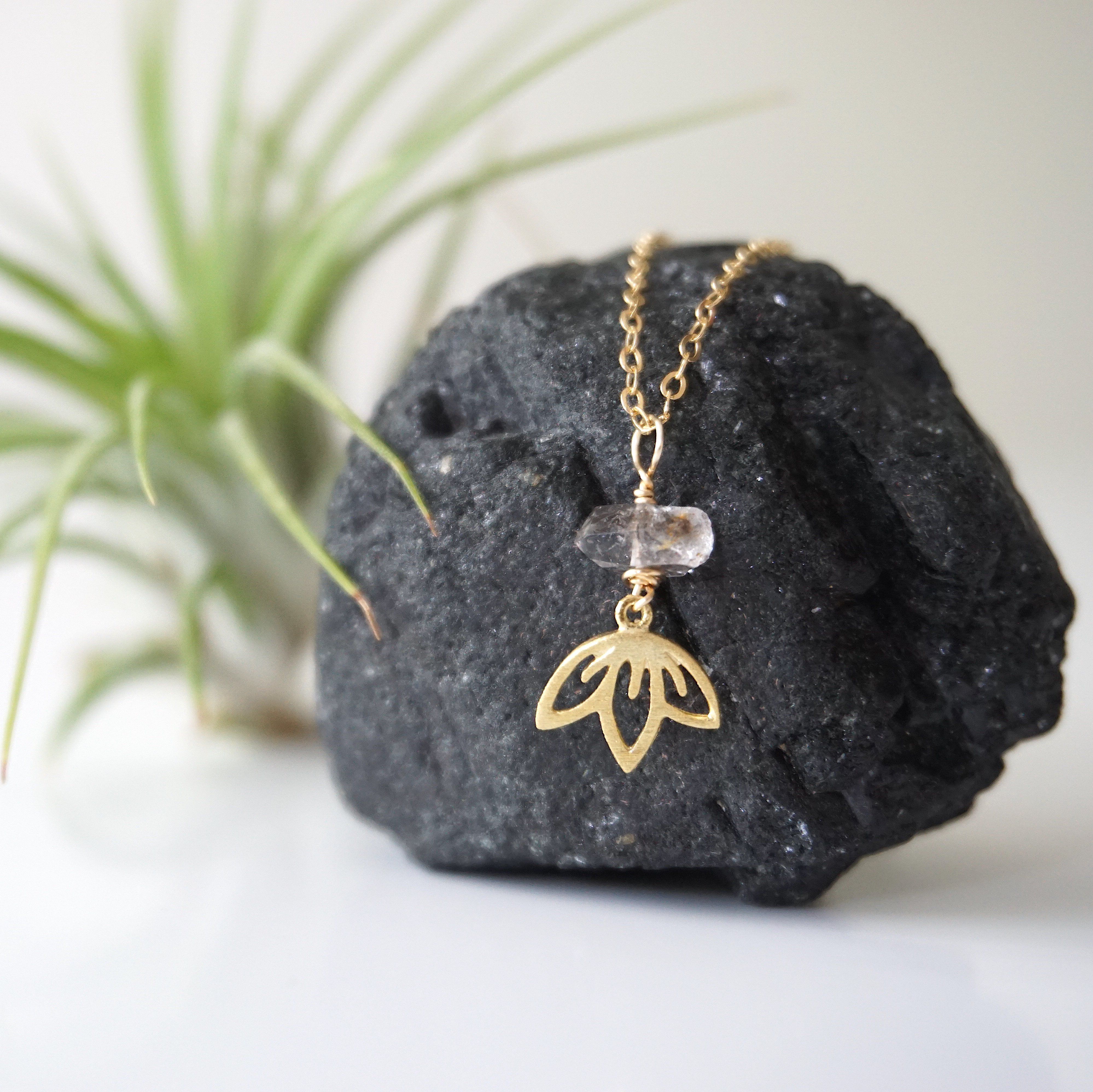 Herkimer Diamond Necklace - 14K Gold Filled Beaded Lotus Charm Pendant Jewelry for Women, Gift for Her, Birthday, Anniversary & Special Occasions