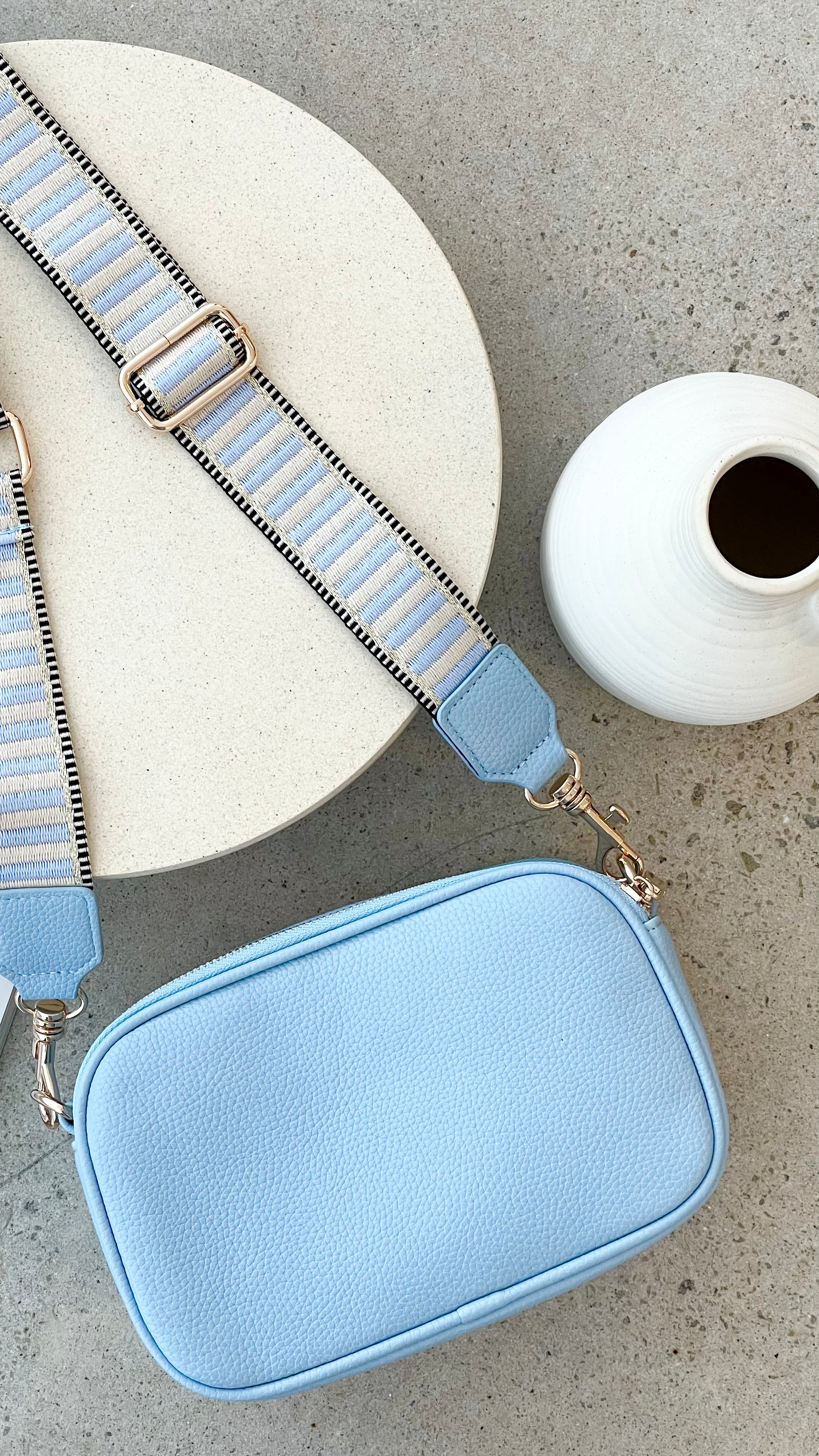 Bella Striped Webbing Camera Bag - Waterproof DSLR/SLR Shoulder Bag for Travel & Photography - Blue