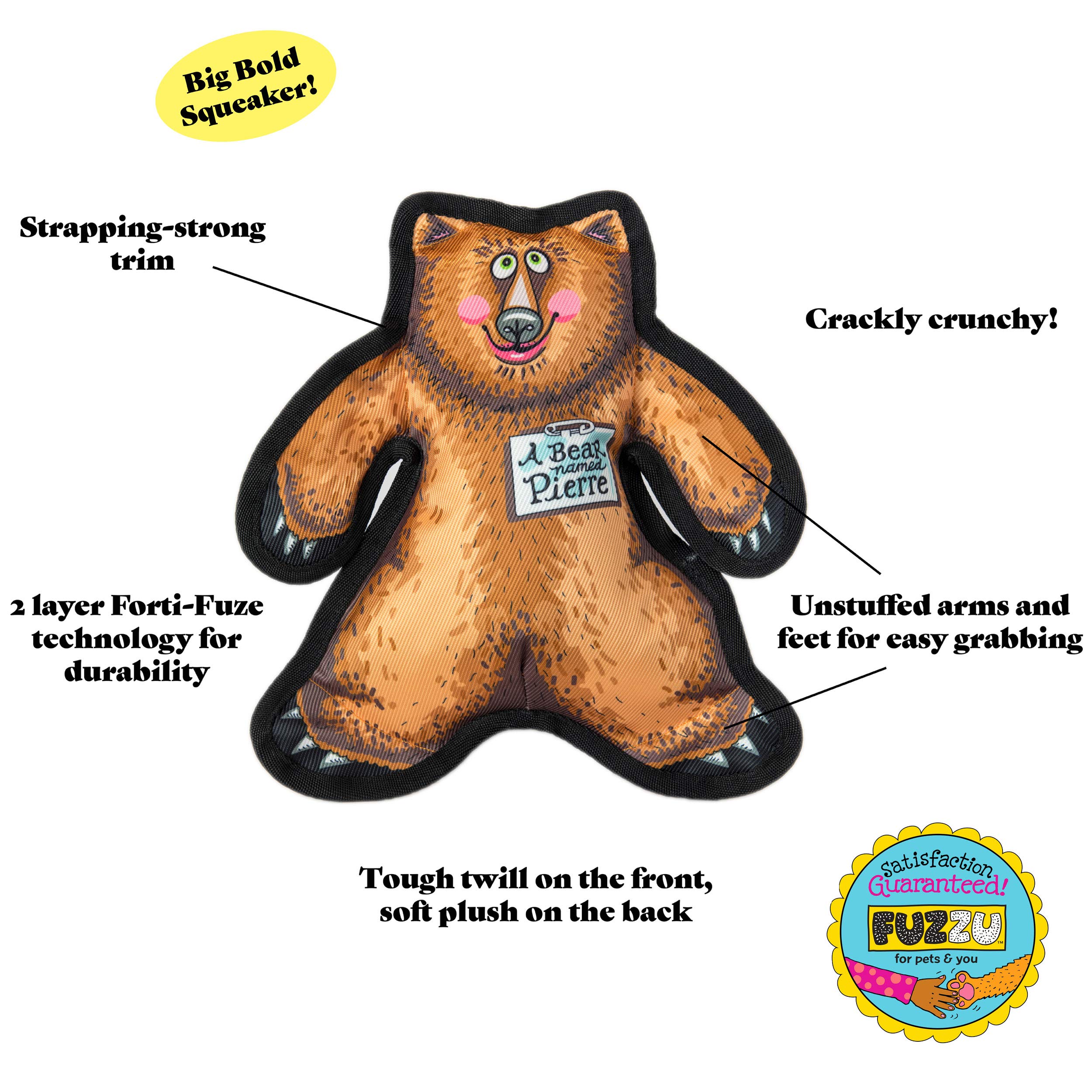 Durable Squeaky Dog Chew Toy - FUZZU Wild Woodies Bear Pierre Dog Toy for Medium Dogs (9 Inch) | Tough & Rugged Chew-Resistant Design | Perfect for Playtime, Training & Teething Relief