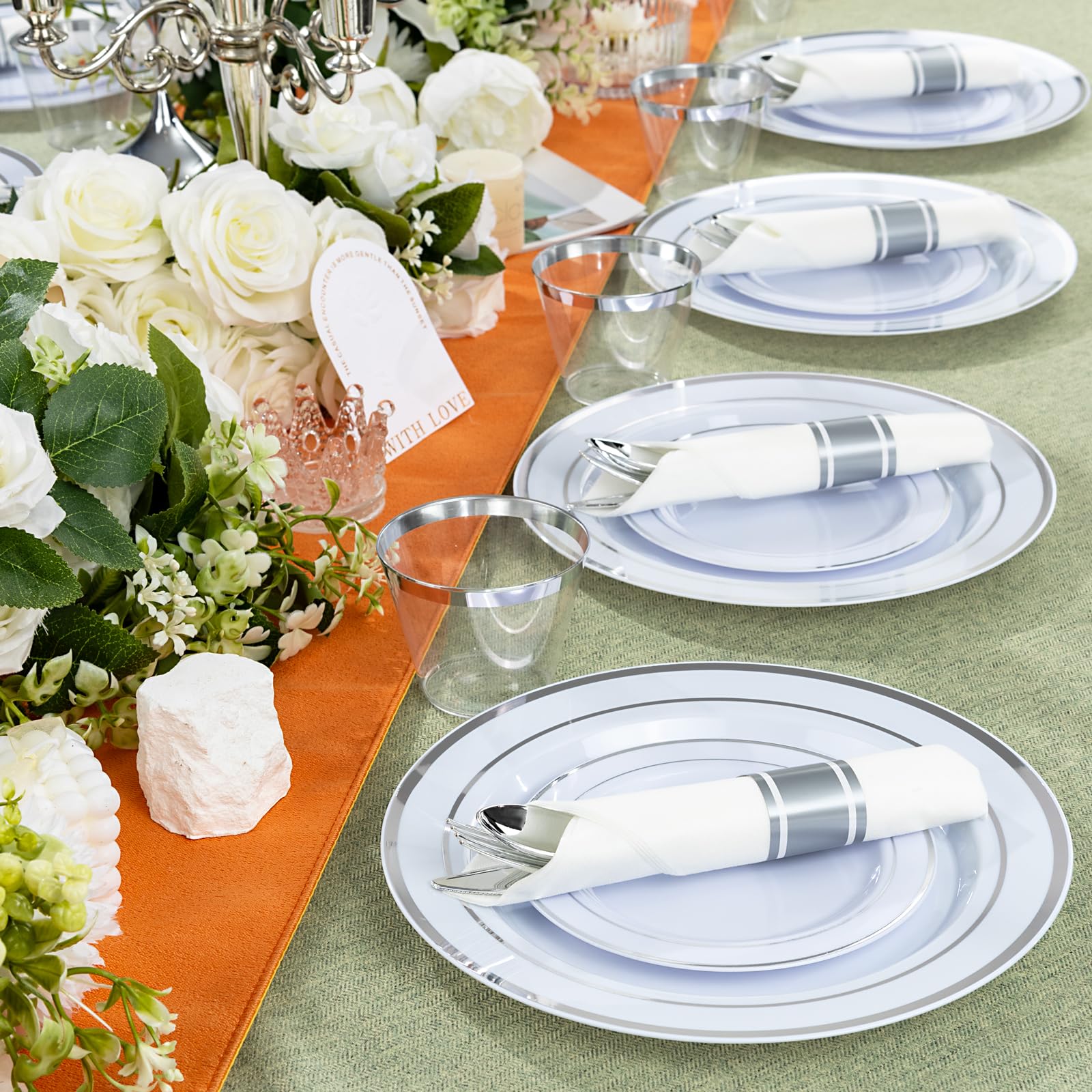 WELLIFE 50-Piece Silver Plastic Cutlery Set with Pre-Rolled Napkins - Includes 50 Forks, 50 Knives & 50 Spoons - Heavy Duty Disposable Utensils for Parties, Picnics, Catering & Events