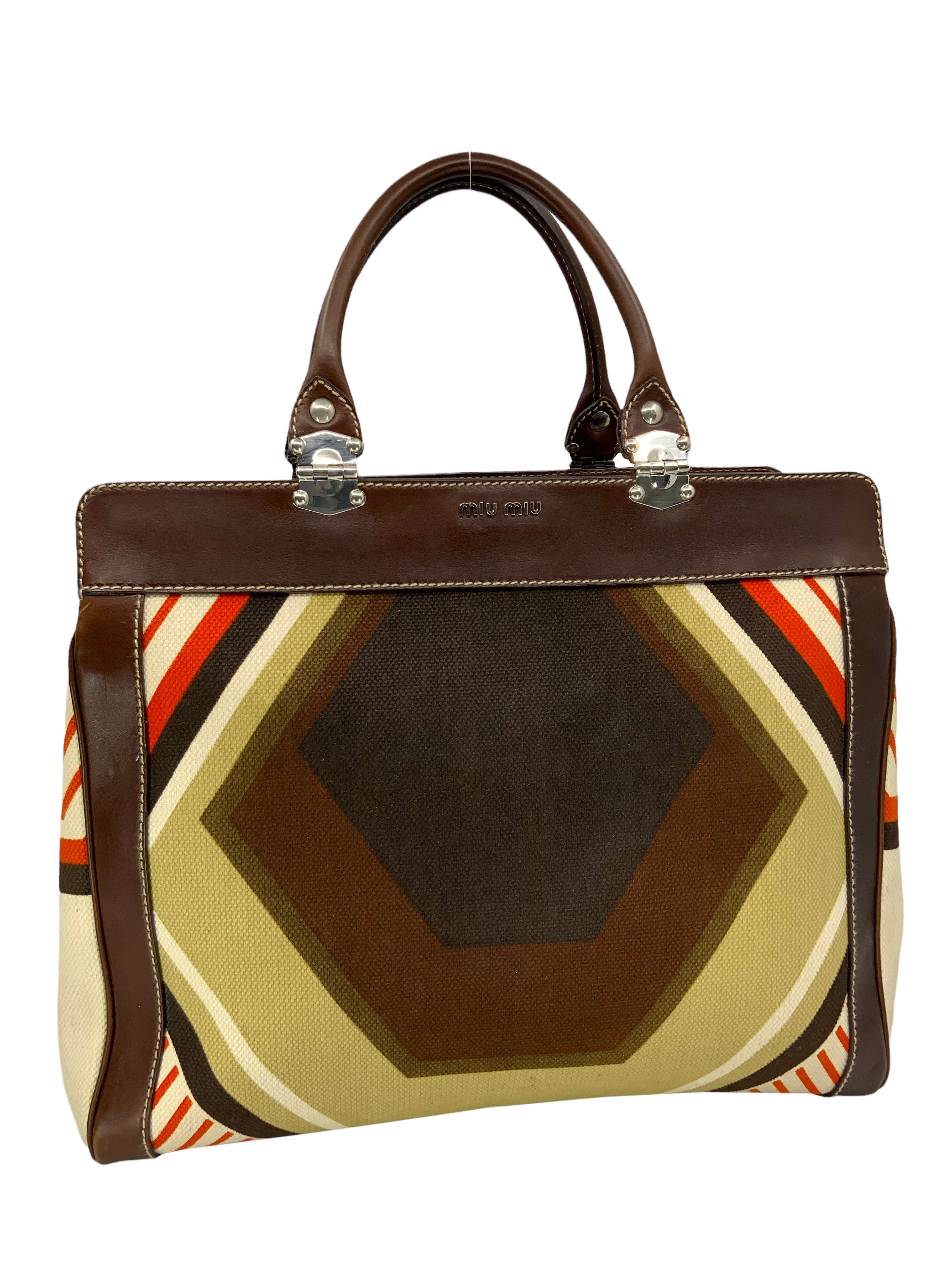 Miu Miu Designer Tote Bag - Stylish Canvas and Leather Patchwork Handbag for Women | Perfect for Work, Travel, and Everyday Use