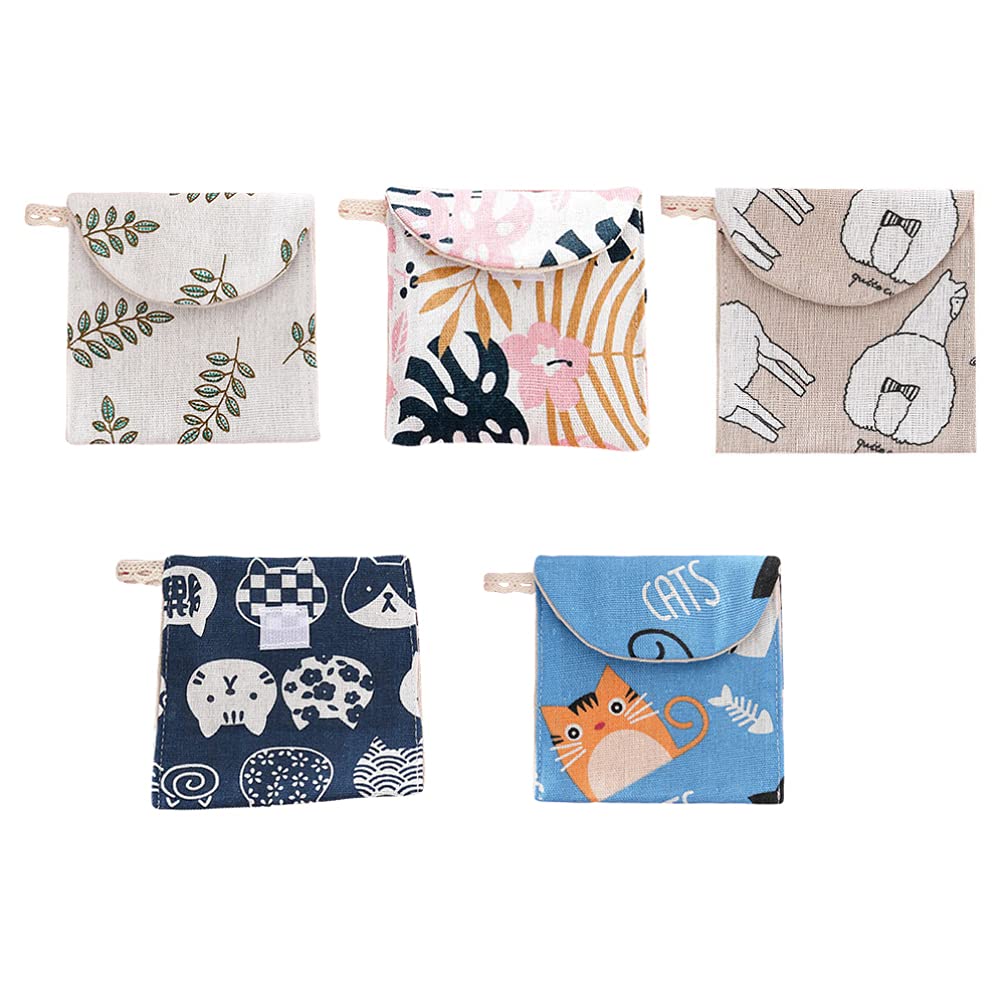 EXCEART 5-Pack Zippered Sanitary Napkin Storage Bags - Cute Cartoon Nursing Pad Holder & Tampon Organizer for Women | Waterproof Travel Pouch, Handbag Organizer, Gym & Office Essentials