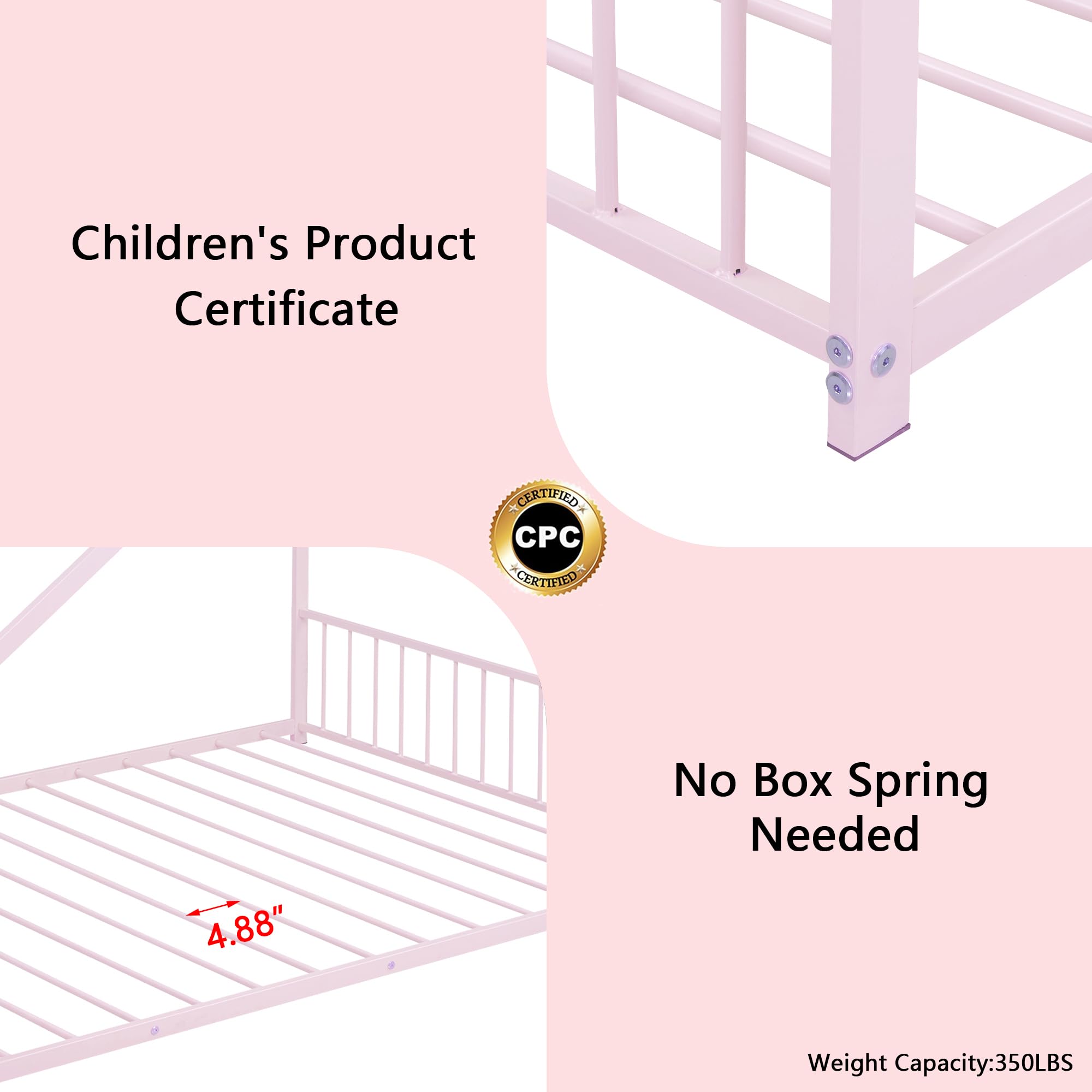 Montessori Full Size Floor Bed Frame with Headboard & Slats - Kids House Bed for Boys & Girls (Pink) | Safe Toddler Bedroom Furniture for Montessori Learning & Play Areas