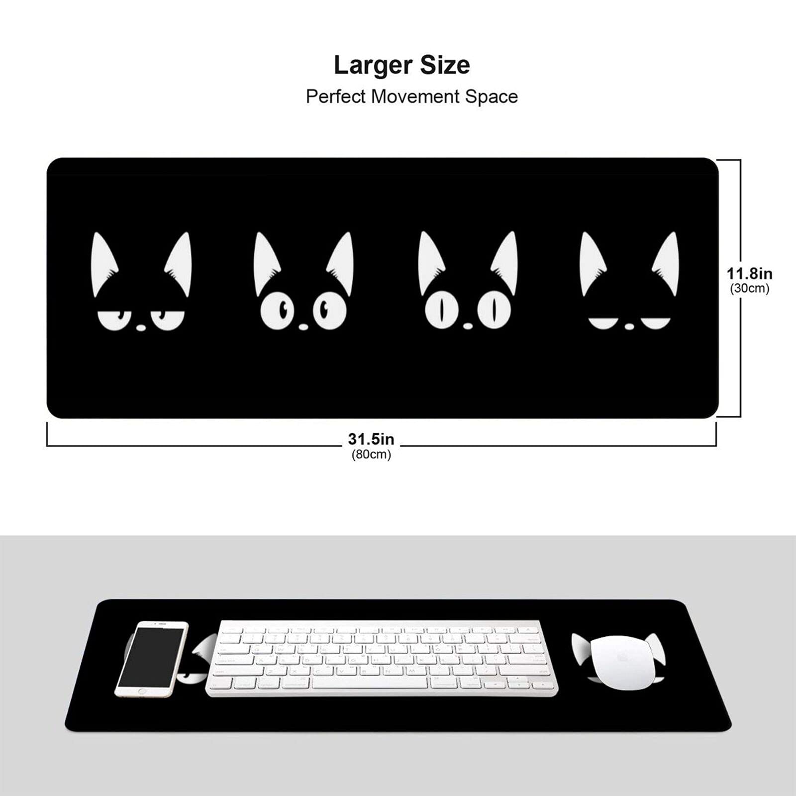 Premium Black Gaming Mouse Pad - Extra Large Extended Mouse Mat with Stitched Edges (31.5x11.8 Inch) - Cute Cat Face Design for PC & Laptop Gamers - Perfect for Gaming Setups, Office Work & Home Desks