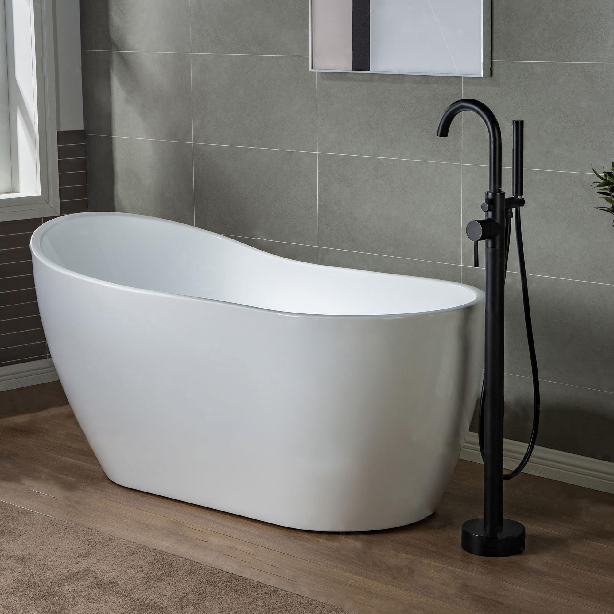 WOODBRIDGE F0006BL Matte Black Freestanding Tub Filler Faucet with Hand Shower - Contemporary Single Handle Floor Mount Bathtub Faucet for Modern Bathroom & Spa Relaxation