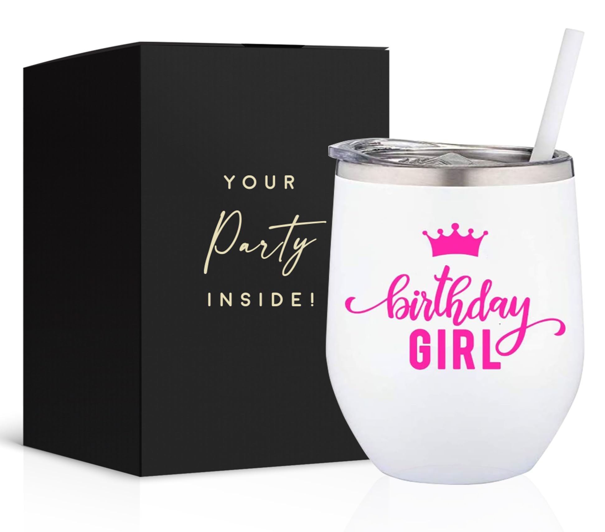 12oz Insulated Wine Tumbler for Women - Stainless Steel Birthday Cup with Lid - Perfect for Parties, Celebrations & Girls Night Out - Ideal Gift for Birthday, Bachelorette & Bridal Showers