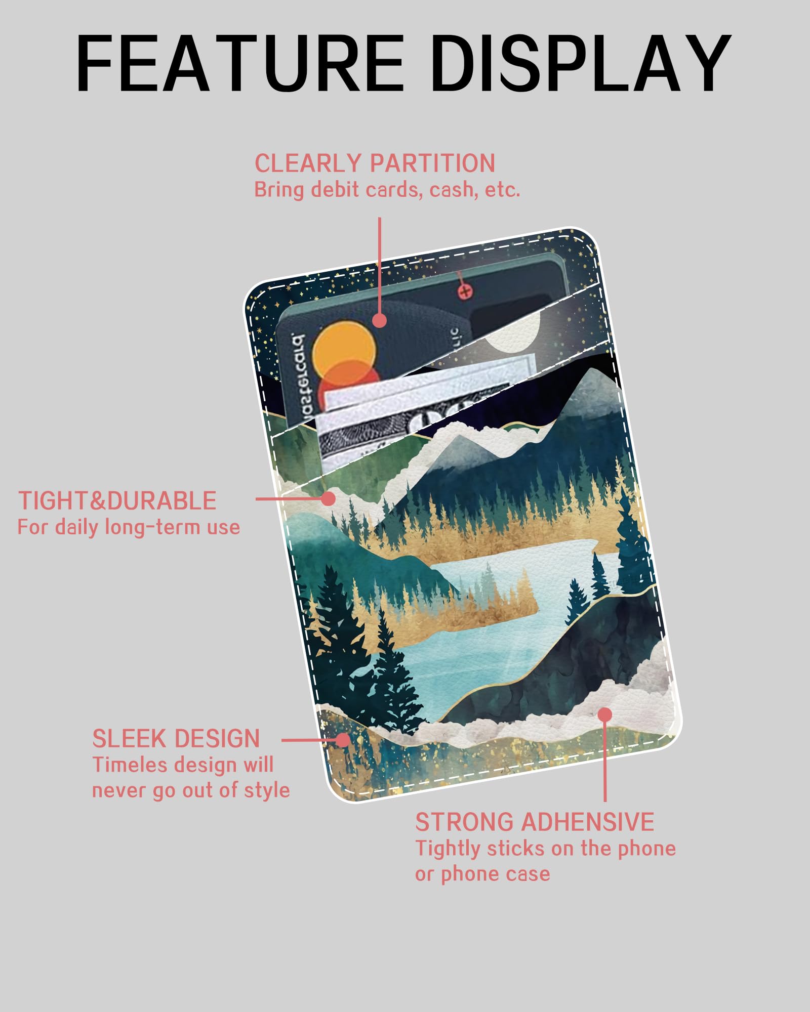 Adhesive Leather Phone Card Holder - Slim Stick-On Wallet for Credit Cards & ID, Compatible with Most Smartphones (Cute Star Mountain Design) - Perfect for Travel, Shopping & Everyday Use