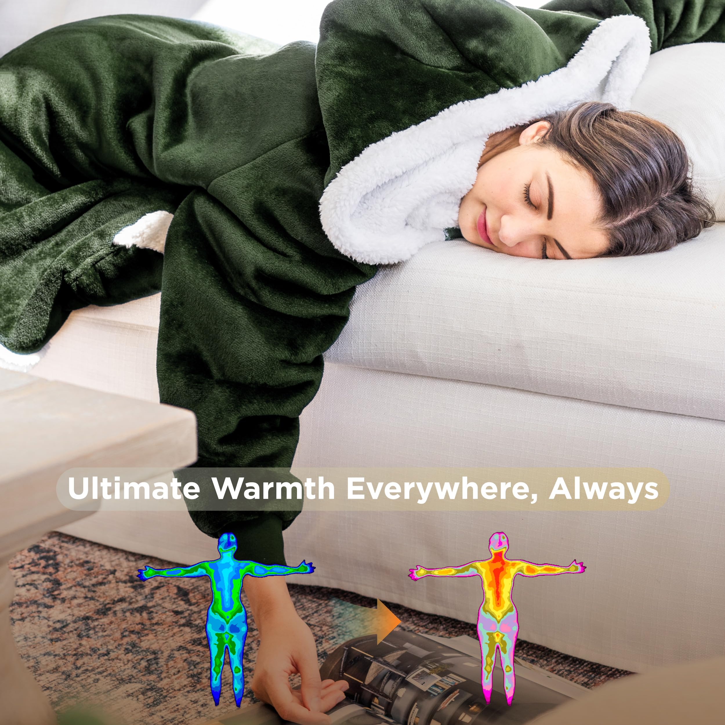 Bedsure Wearable Blanket Hoodie for Adults & Kids - Soft Fleece Sherpa Blanket with Sleeves, Perfect Birthday Gift for Women, Men, Mom - Mothers Day Gift Idea - Olive Green Small - Cozy for Movie Nights, Camping & Lounge at Home