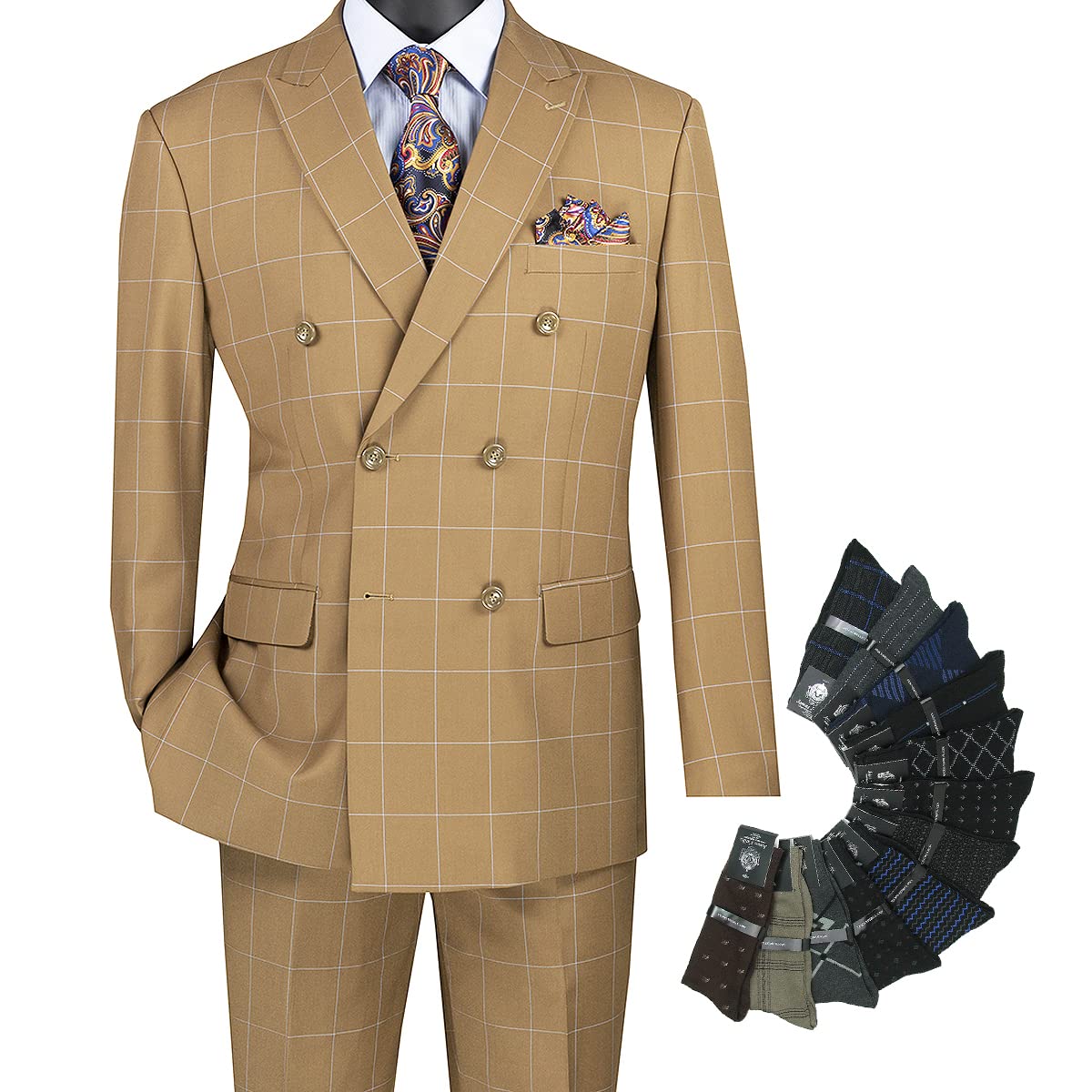 Premium Men's 2-Piece Windowpane Double Breasted Suit Set with Free Socks - Formal Business Attire for Weddings, Interviews & Office Wear