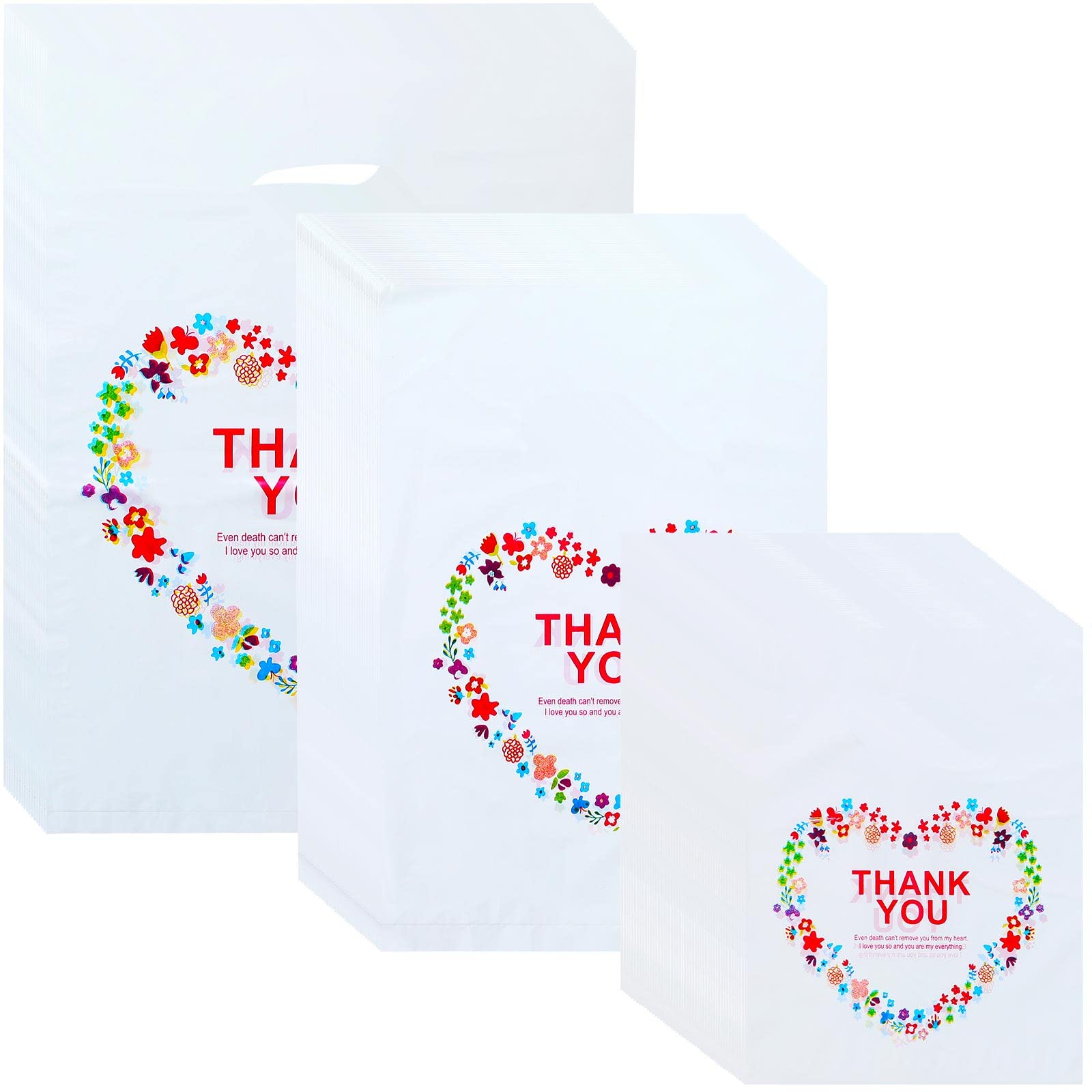 Leinuosen 200 Pcs 3-Size Thank You Shopping Bags Bulk - Small Plastic Retail Gift Bags with Handle (Heart Design) for Small Business - Perfect for Retail Stores, Boutiques, and Gift Packaging