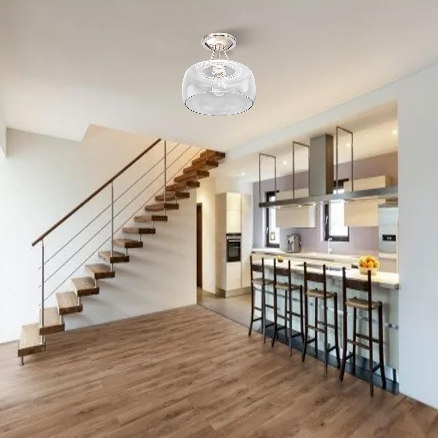 LEDMyplace 1-Light Semi Flush Mount Ceiling Light Fixture - Farmhouse Style with Clear Glass Shade & Brushed Nickel Finish - E26 Base (Bulb Not Included) - Perfect for Kitchen, Bedroom, Living Room, and Hallway Lighting