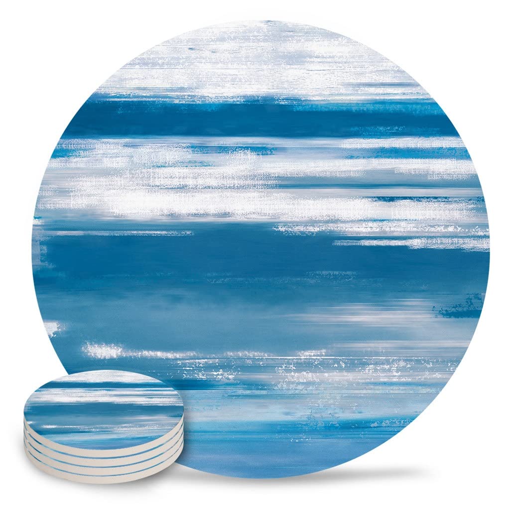 Blue Grey Textured Ceramic Coasters Set of 6 - Absorbent Drink Coasters for Coffee Tables, Kitchen Countertops & Dining Tables - Stylish Home Decor & Kitchen Accessories for Everyday Use & Entertaining