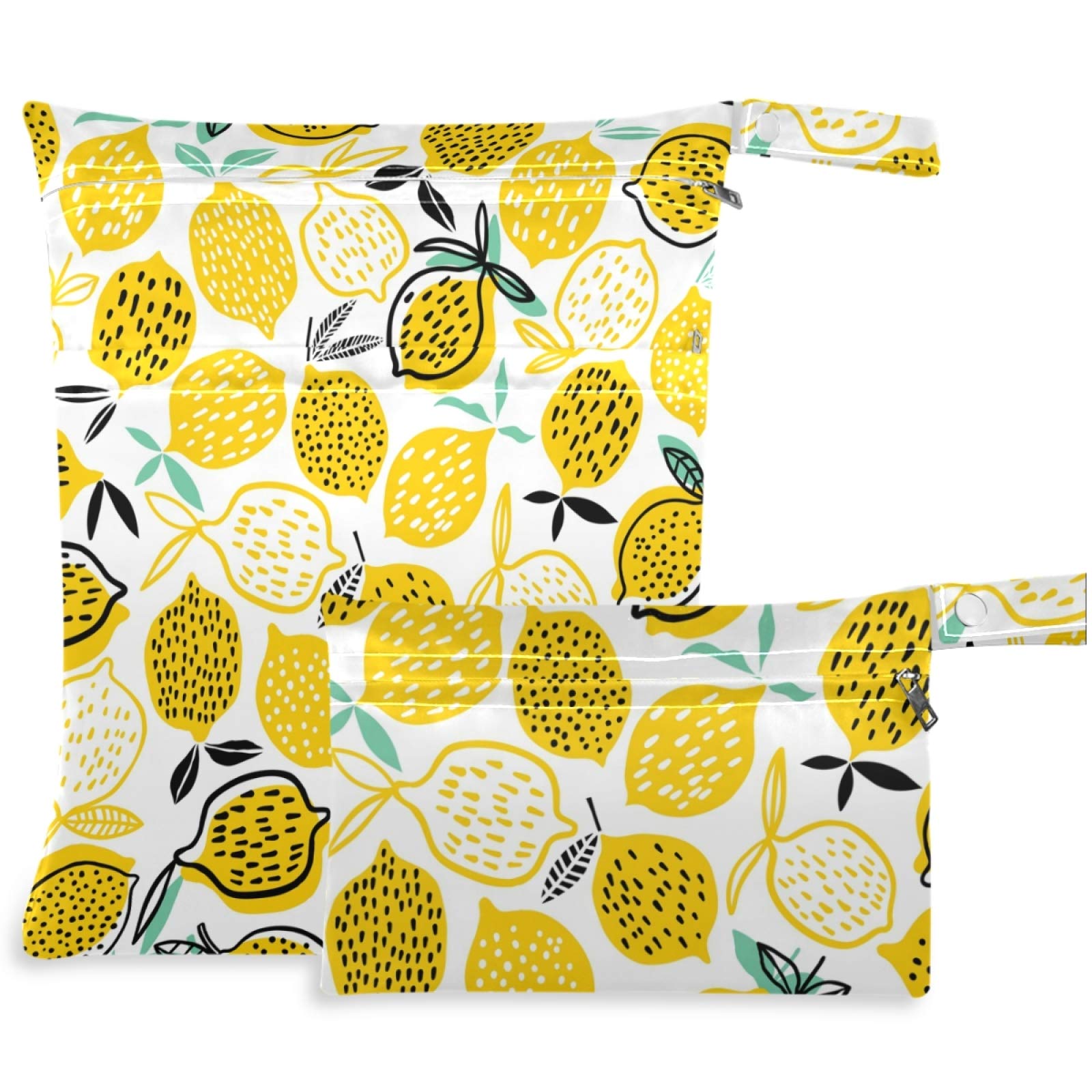 Visesunny Summer Lemon Print 2-Pack Wet Bags with Zippered Pockets - Reusable Washable Waterproof Storage for Travel, Beach, Pool, Daycare | Perfect for Swimsuits, Diapers, Gym Clothes & Toiletries Organization