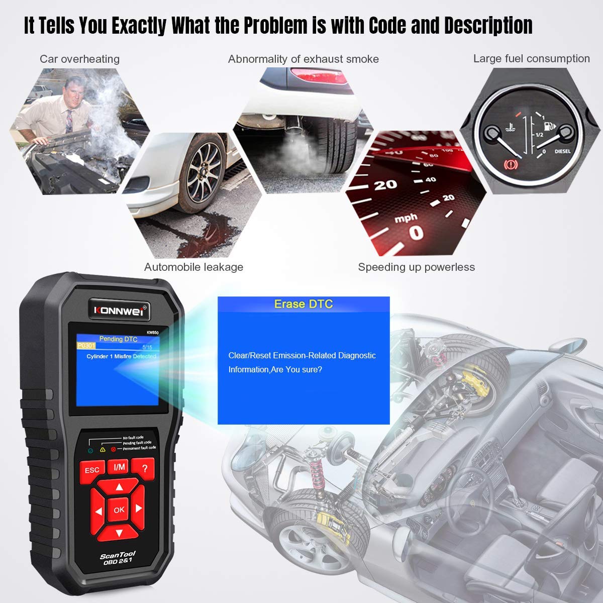 KW850 OBD2 Scanner & KW650 Car Battery Tester - Professional Automotive Diagnostic Tool for Engine Fault Codes & Battery Health Check - Perfect for Mechanics, DIY Enthusiasts & Roadside Emergencies