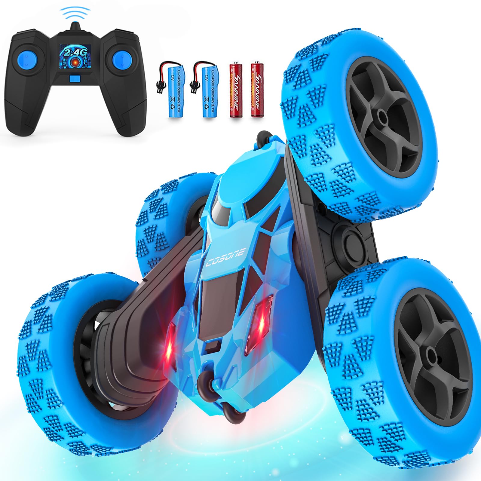 Cosone 2.4Ghz 4WD Remote Control Car for Kids - 360° Rotating Rechargeable RC Truck with LED Lights, All Terrain Toy Car for Boys & Girls (Blue) - Perfect for Indoor Play, Outdoor Adventures & Birthday Gifts