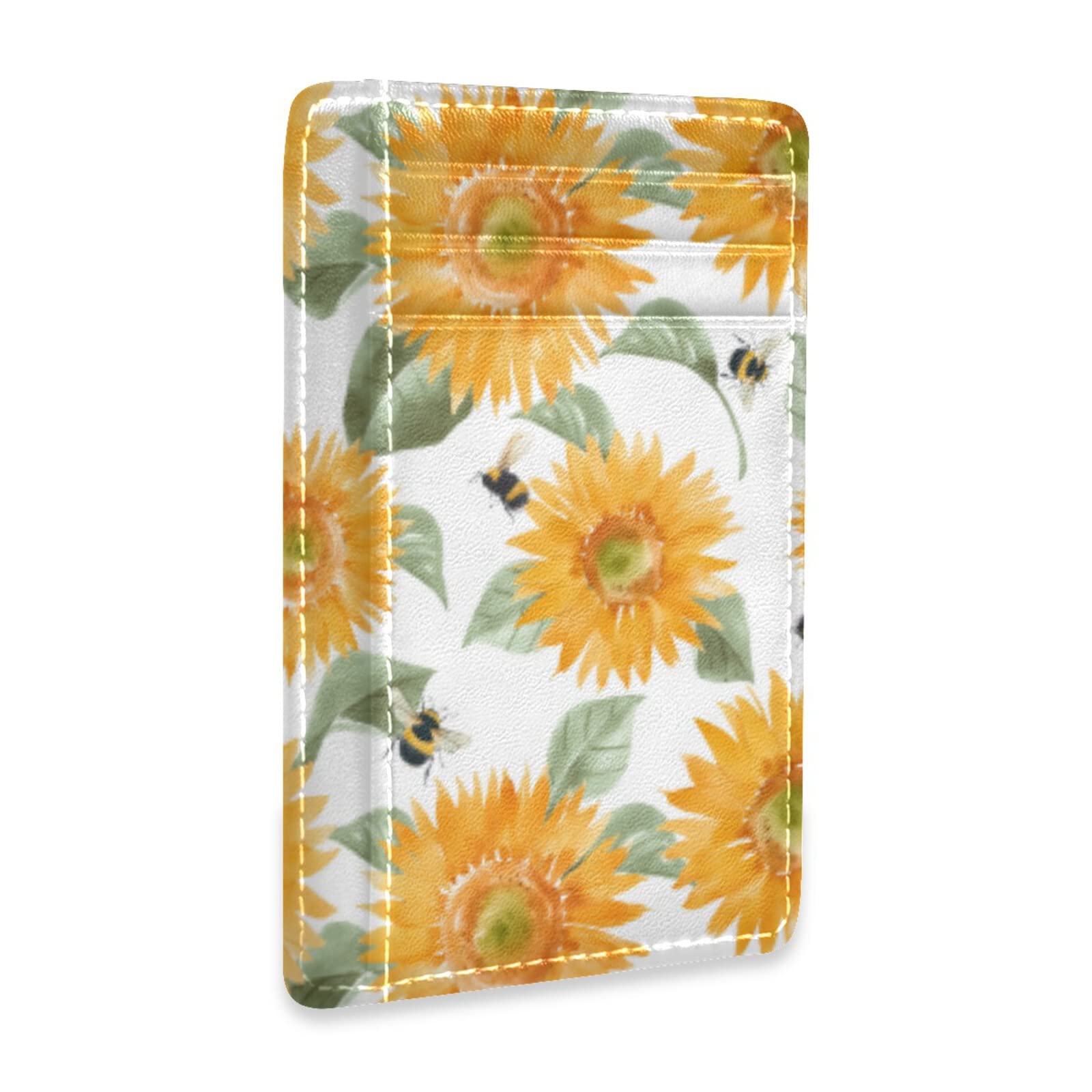 Susiyo Yellow Sunflower Bee Slim RFID Blocking Minimalist Wallet - PU Leather Front Pocket Card Holder for Men & Women | Perfect for Travel, Everyday Use & Gift Giving