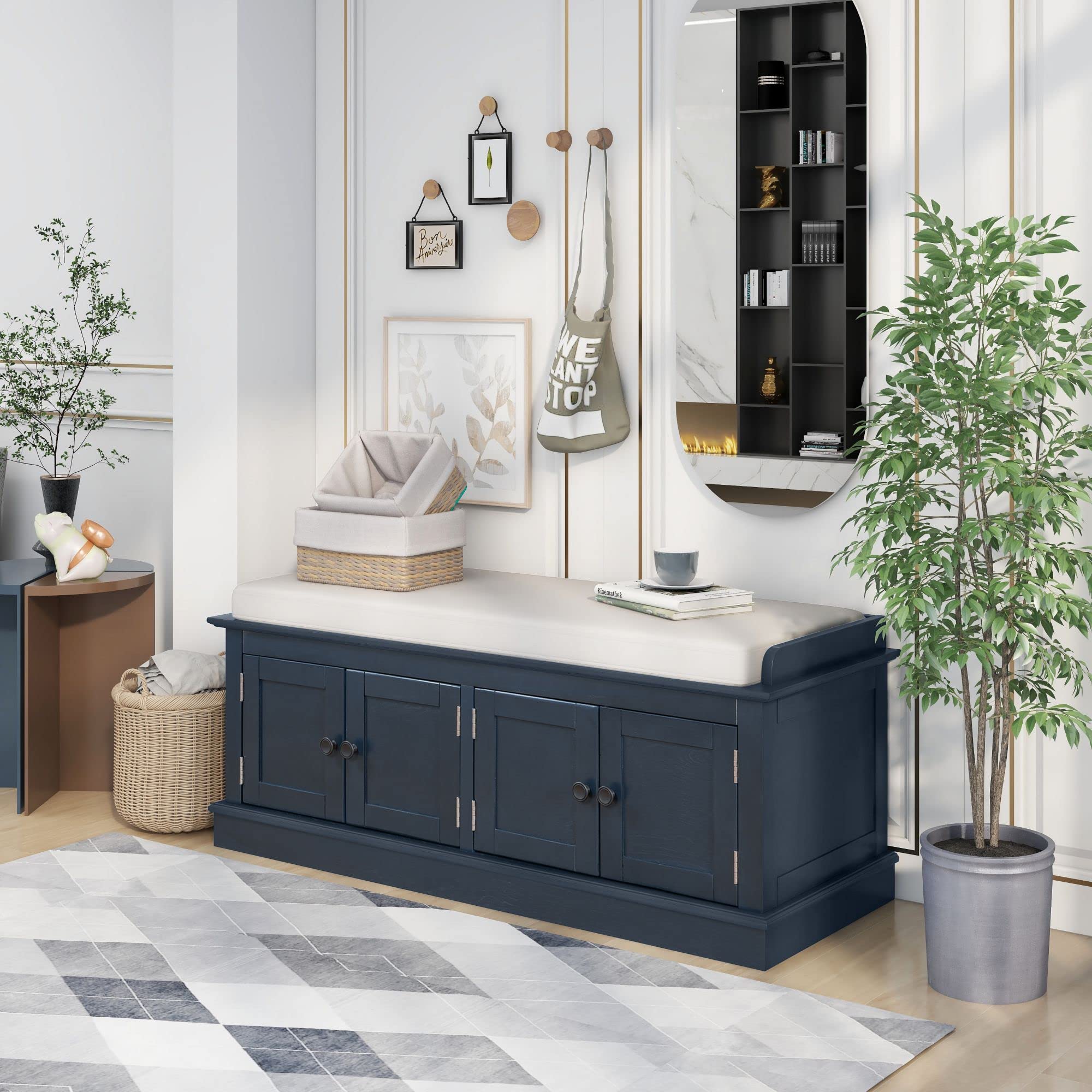 Rustic Wood Storage Bench with 4 Doors & Adjustable Shelves - Multipurpose Entryway Shoe Bench with Removable Cushion - Living Room Furniture for Hallway, Bedroom, or Foyer Organization (Type A-Antique Navy)