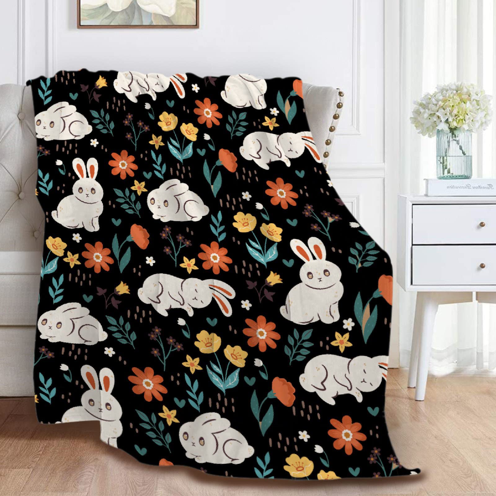 Soft Cozy Fleece Bunny & Flower Throw Blanket for Women & Girls - Extra Large 120x90 Inch (Overking) All-Season Blanket for Bed, Couch, Chair - Perfect for Family Movie Nights, Nursery Decor & Gift Giving