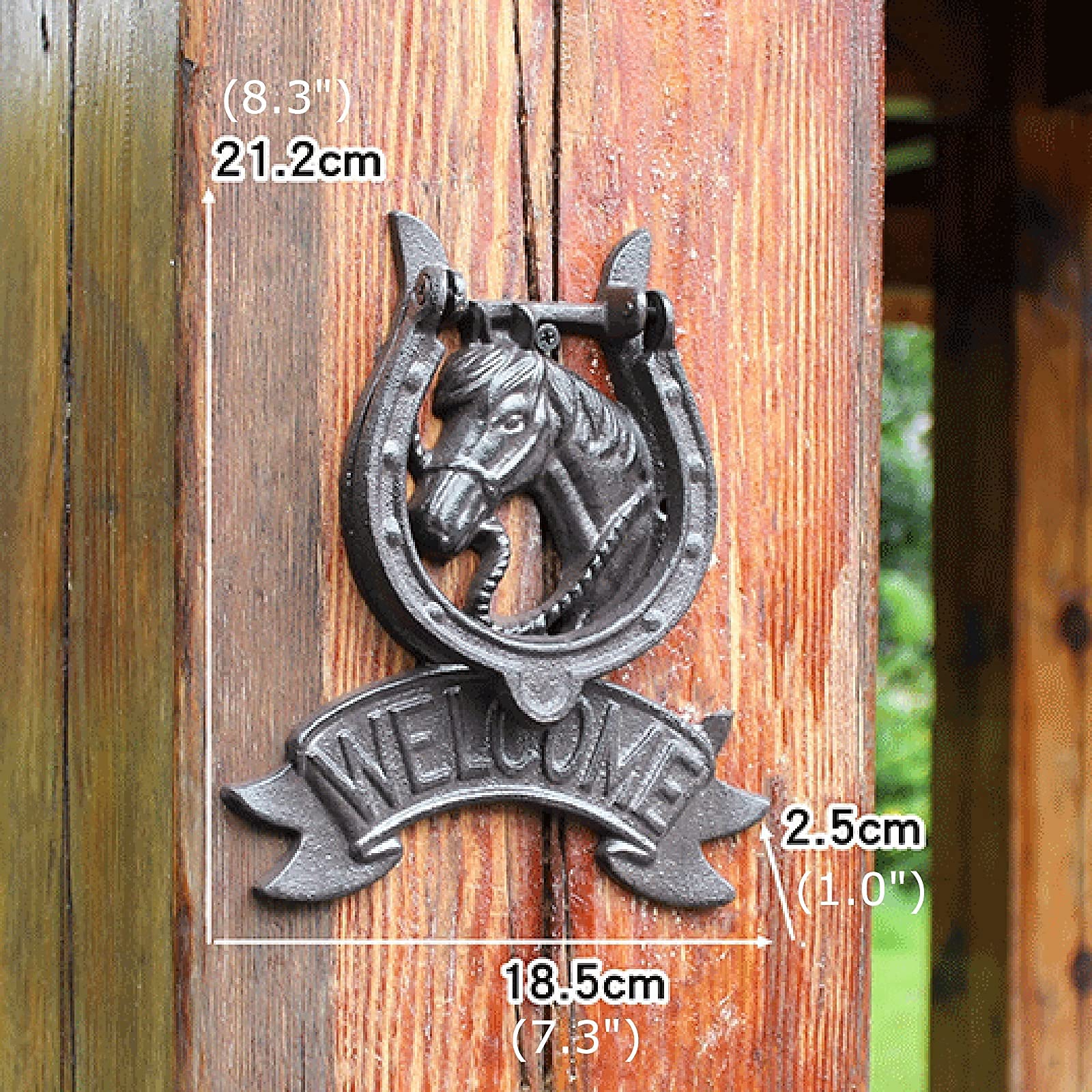 Rustic Horse Welcome Door Knocker - Farmhouse Style Outdoor Hanging Gate Handle for Front Doors, Barn Doors & Wood Doors - Heavy Duty Hardware Included - Perfect for Country Homes, Ranch Houses & Cabin Entryways