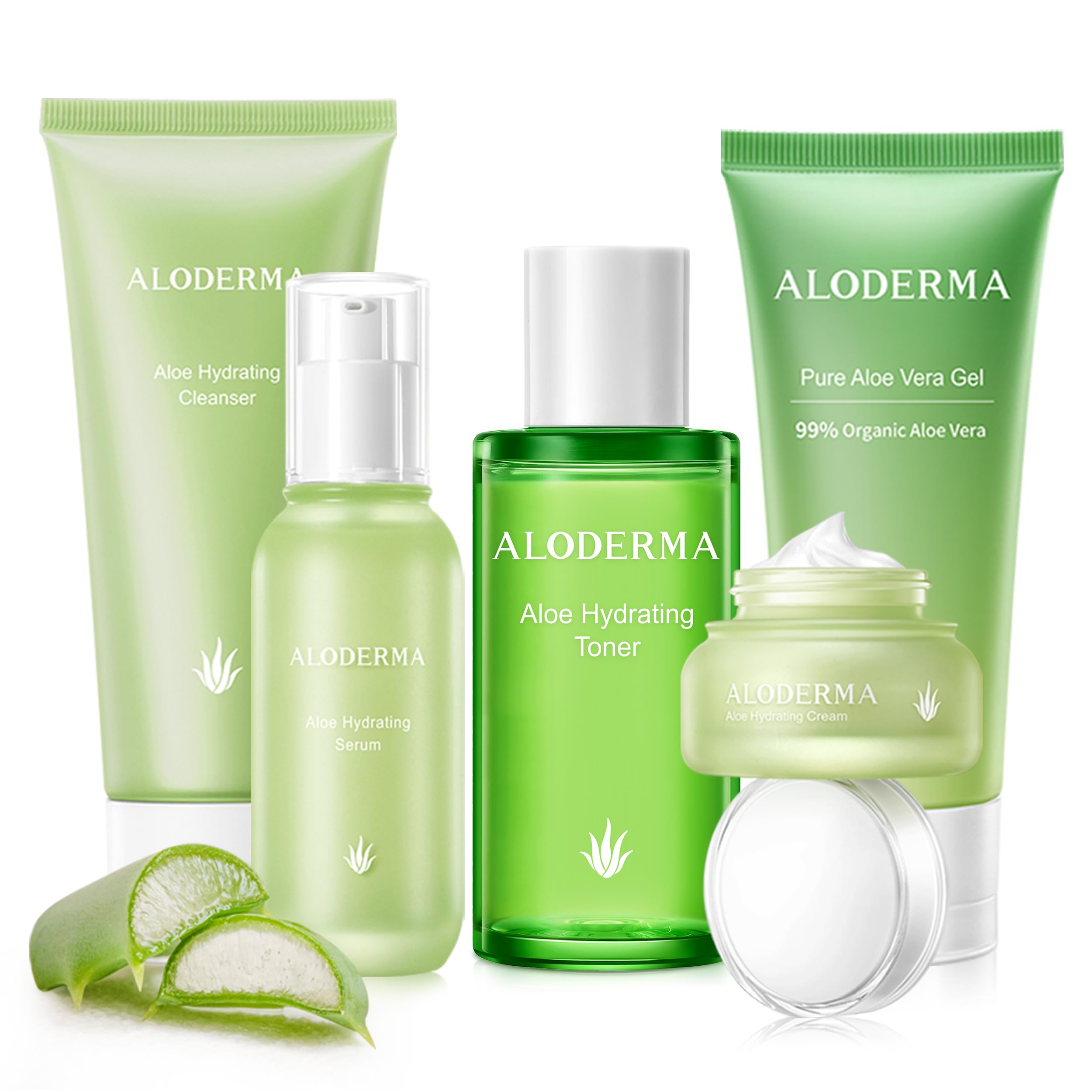 Aloderma Signature Aloe Vitality Hydrating Set - 6 Piece Skincare Kit with Aloe Vera Gel, Facial Cleanser, Toner, Serum & 2x Moisturizing Cream - Perfect for Dry, Sensitive Skin & Daily Hydration Routine