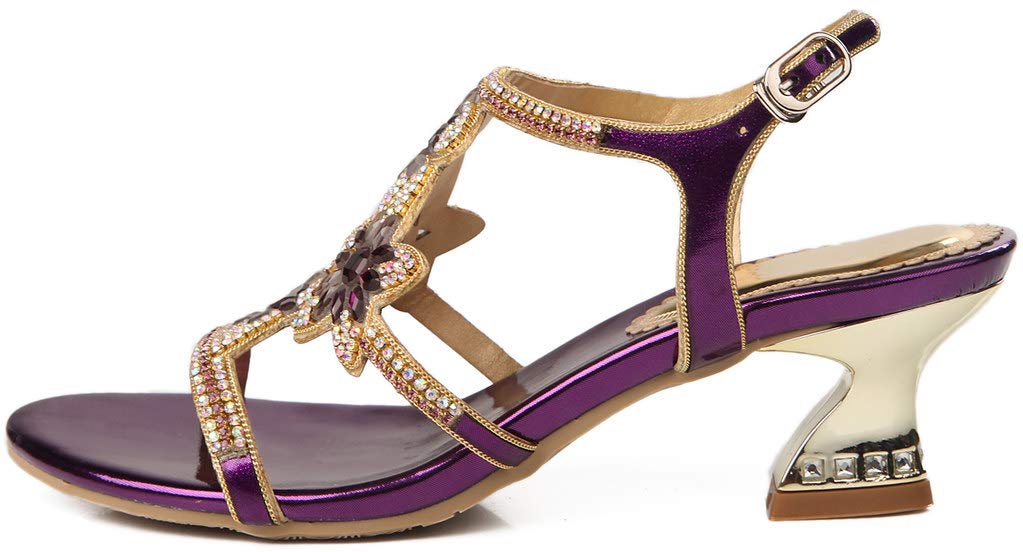 YooPrettyz Women's Beaded Floral Sandals - Strappy Evening Heels with Chunky Low Heel for Weddings, Parties & Special Occasions